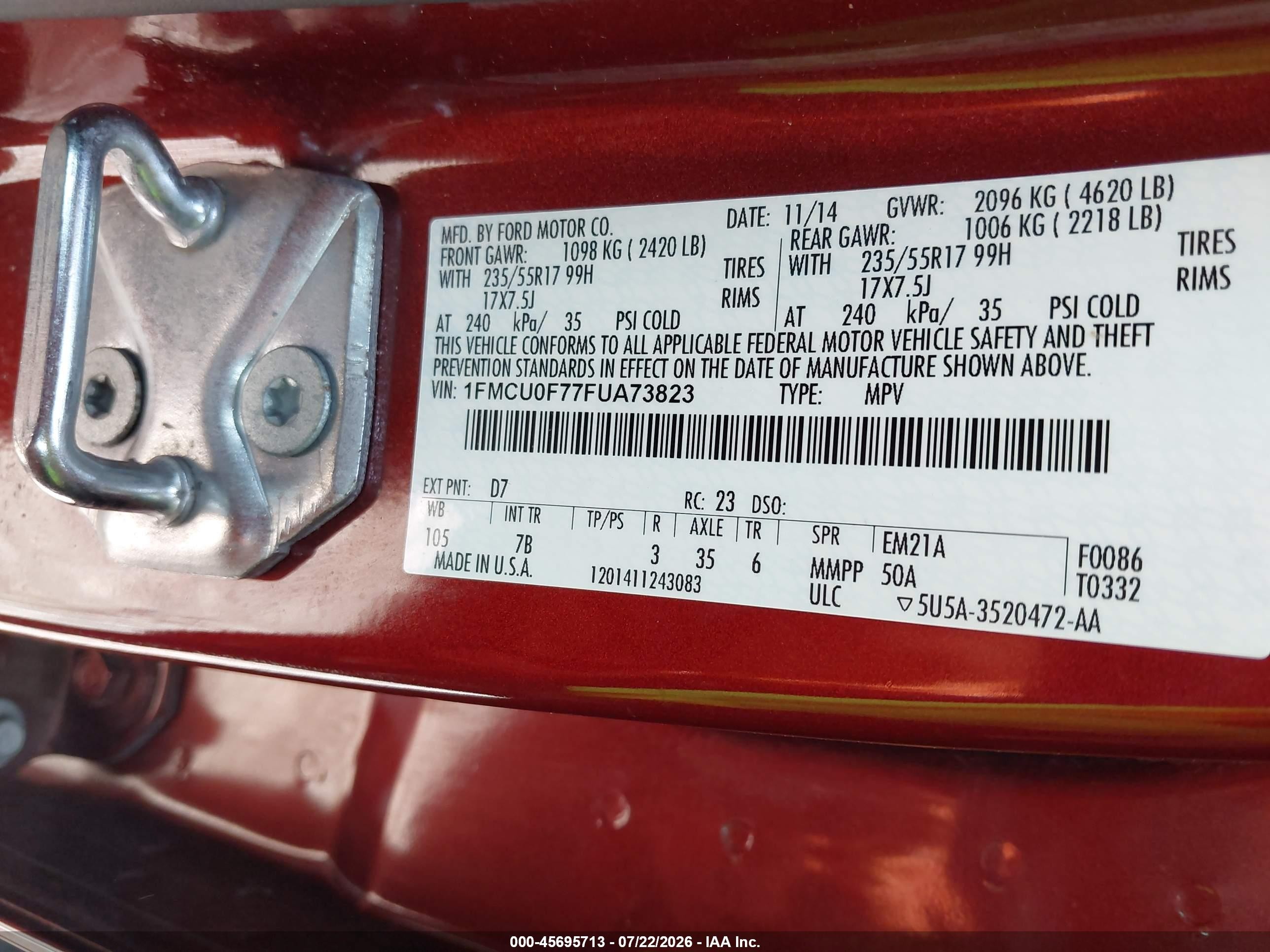 2015 Ford Escape S Red vin: 1FMCU0F77FUA73823
