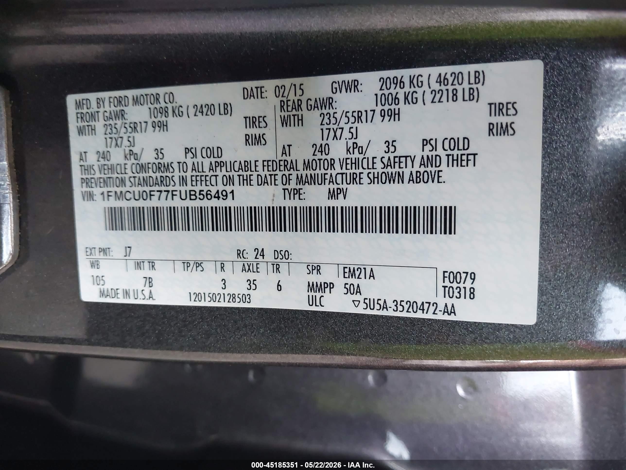 2015 Ford Escape S Gray vin: 1FMCU0F77FUB56491