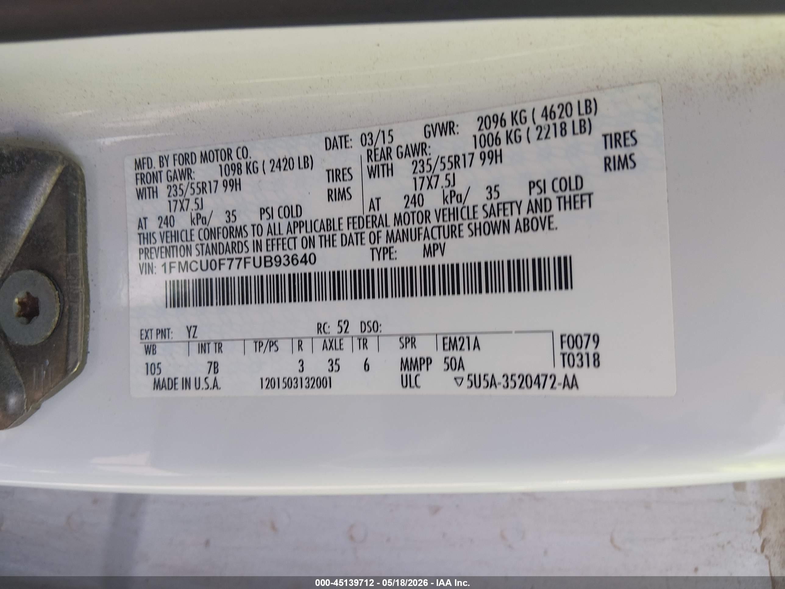 2015 Ford Escape S White vin: 1FMCU0F77FUB93640