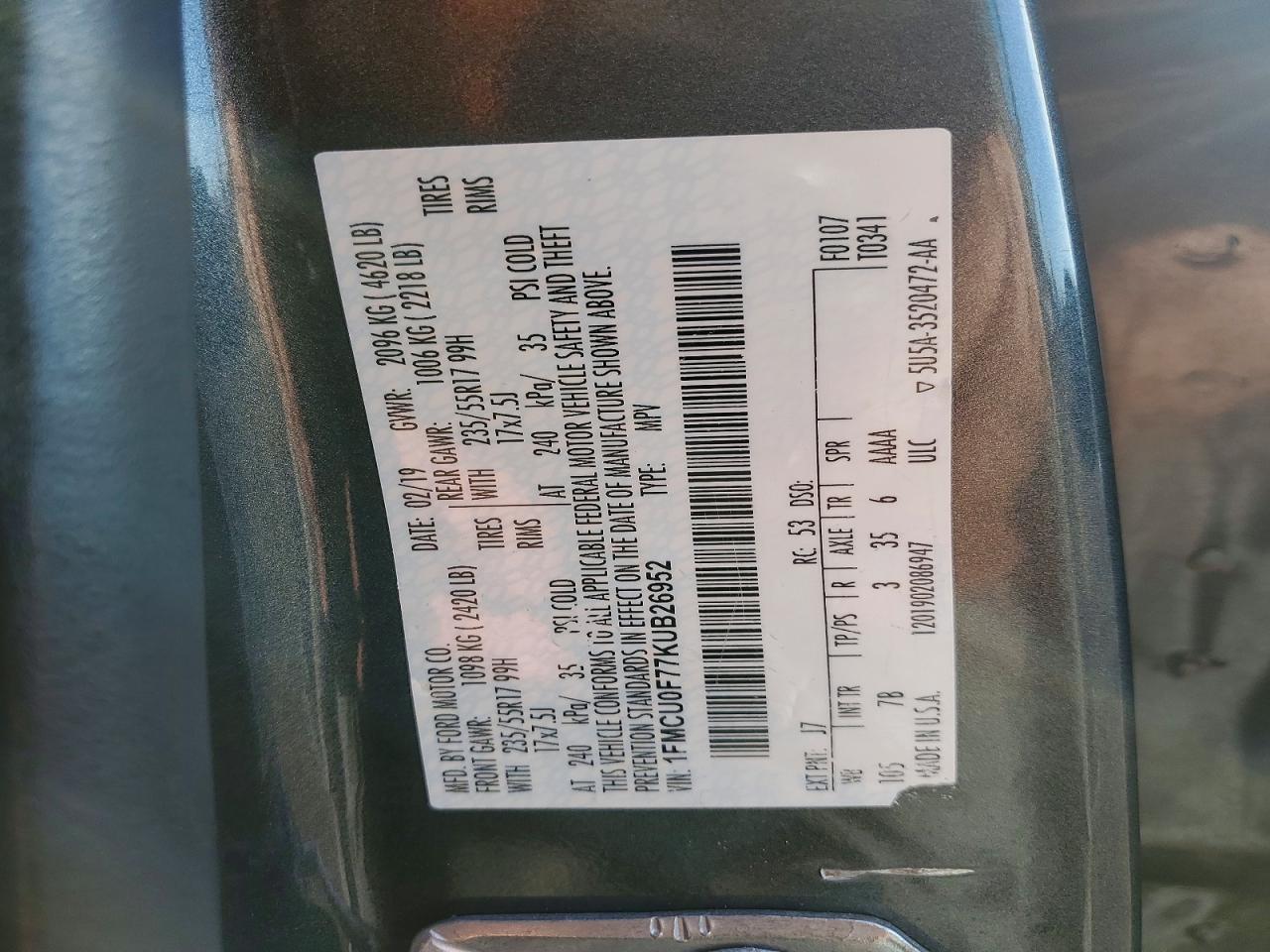 2019 Ford Escape S Gray vin: 1FMCU0F77KUB26952