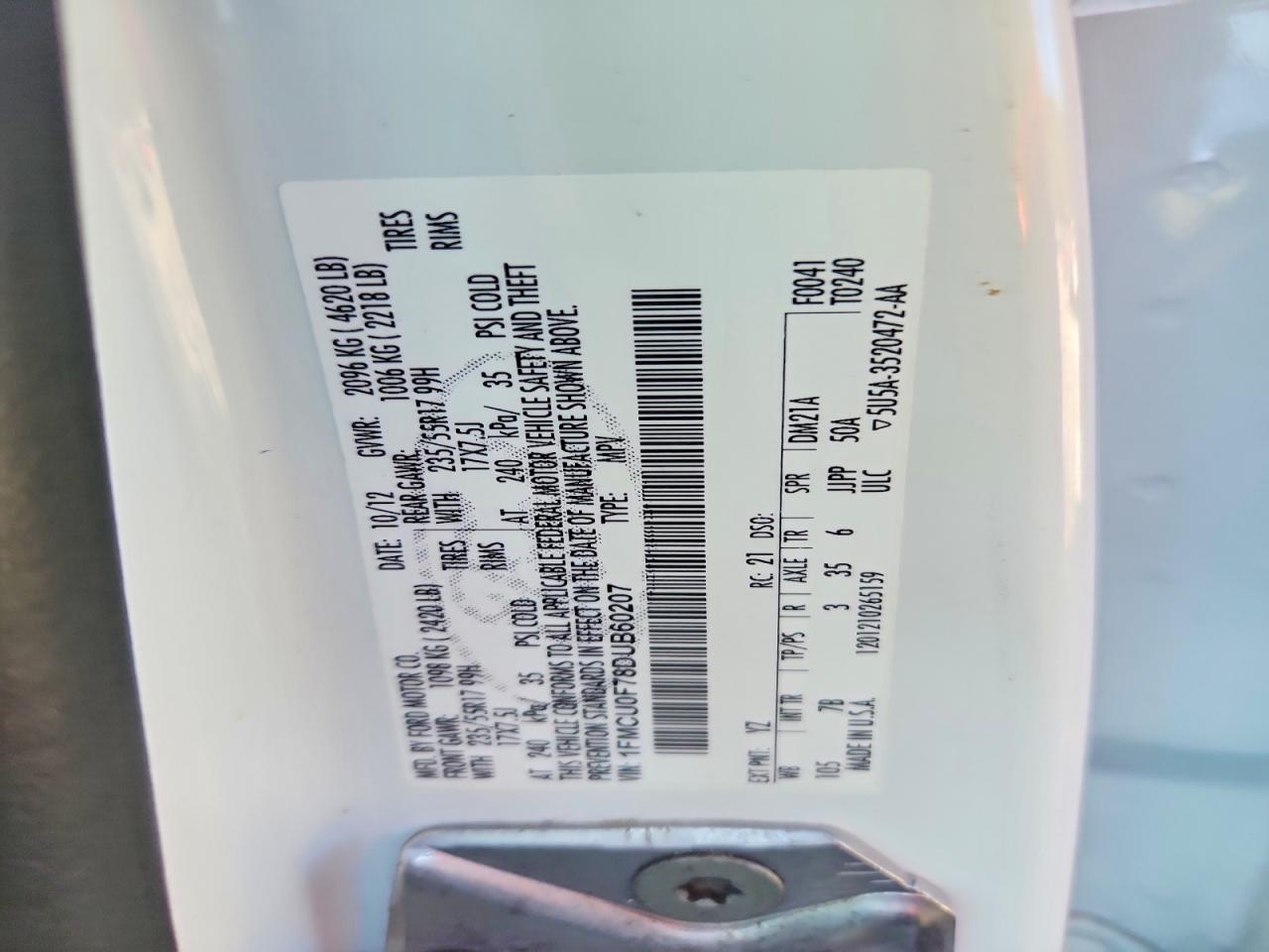 2013 Ford Escape S White vin: 1FMCU0F78DUB60207