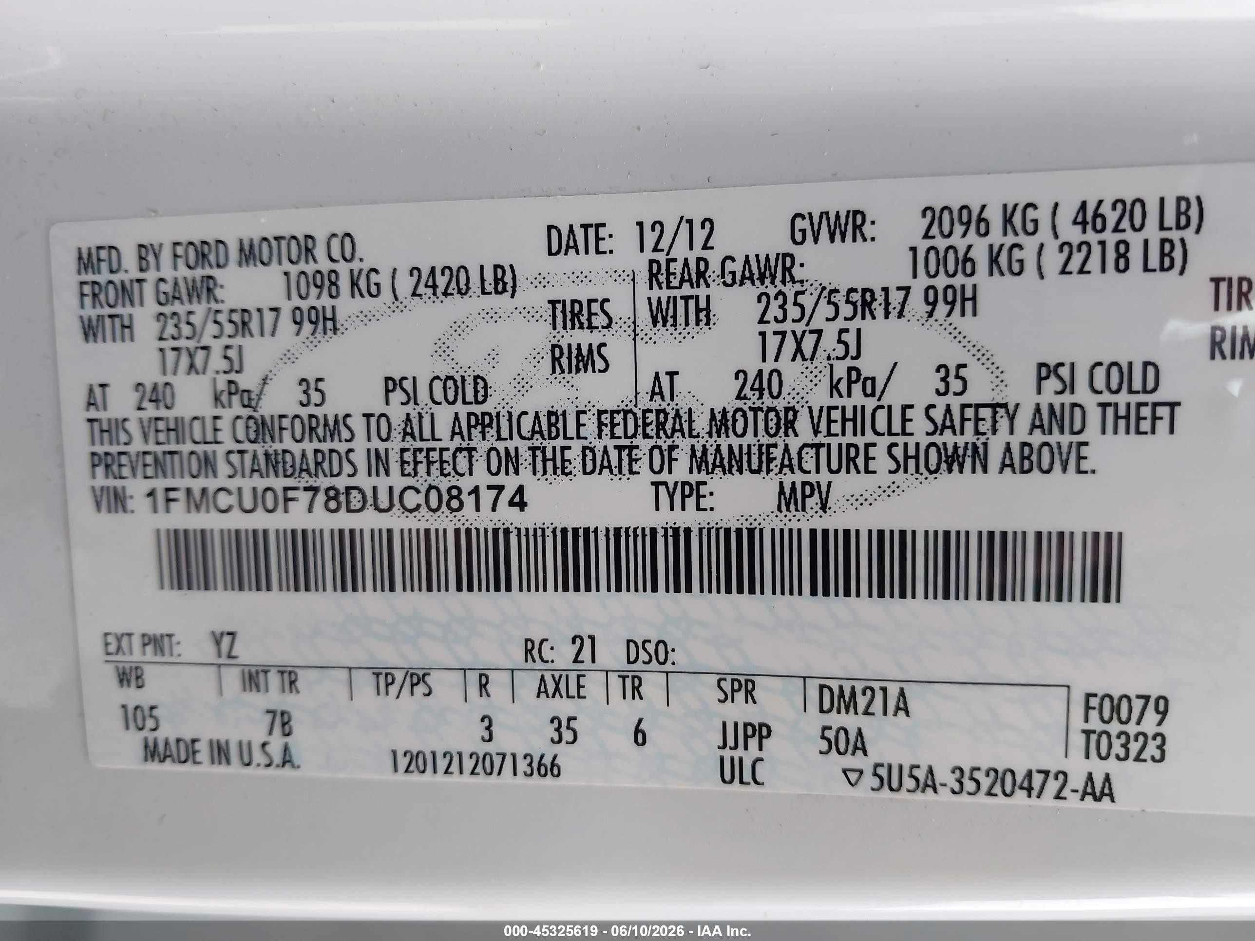 2013 Ford Escape S White vin: 1FMCU0F78DUC08174