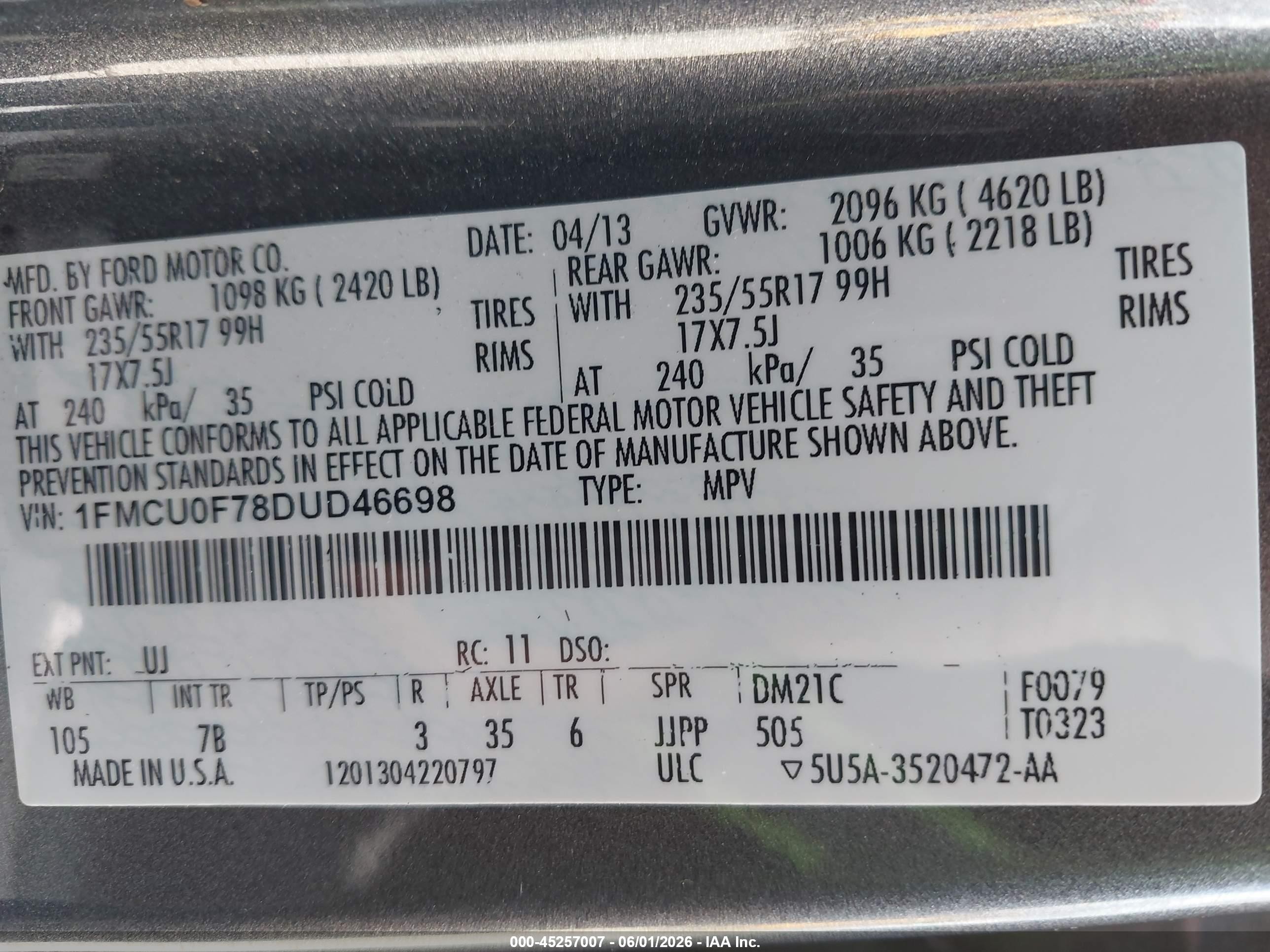 2013 Ford Escape S Gray vin: 1FMCU0F78DUD46698