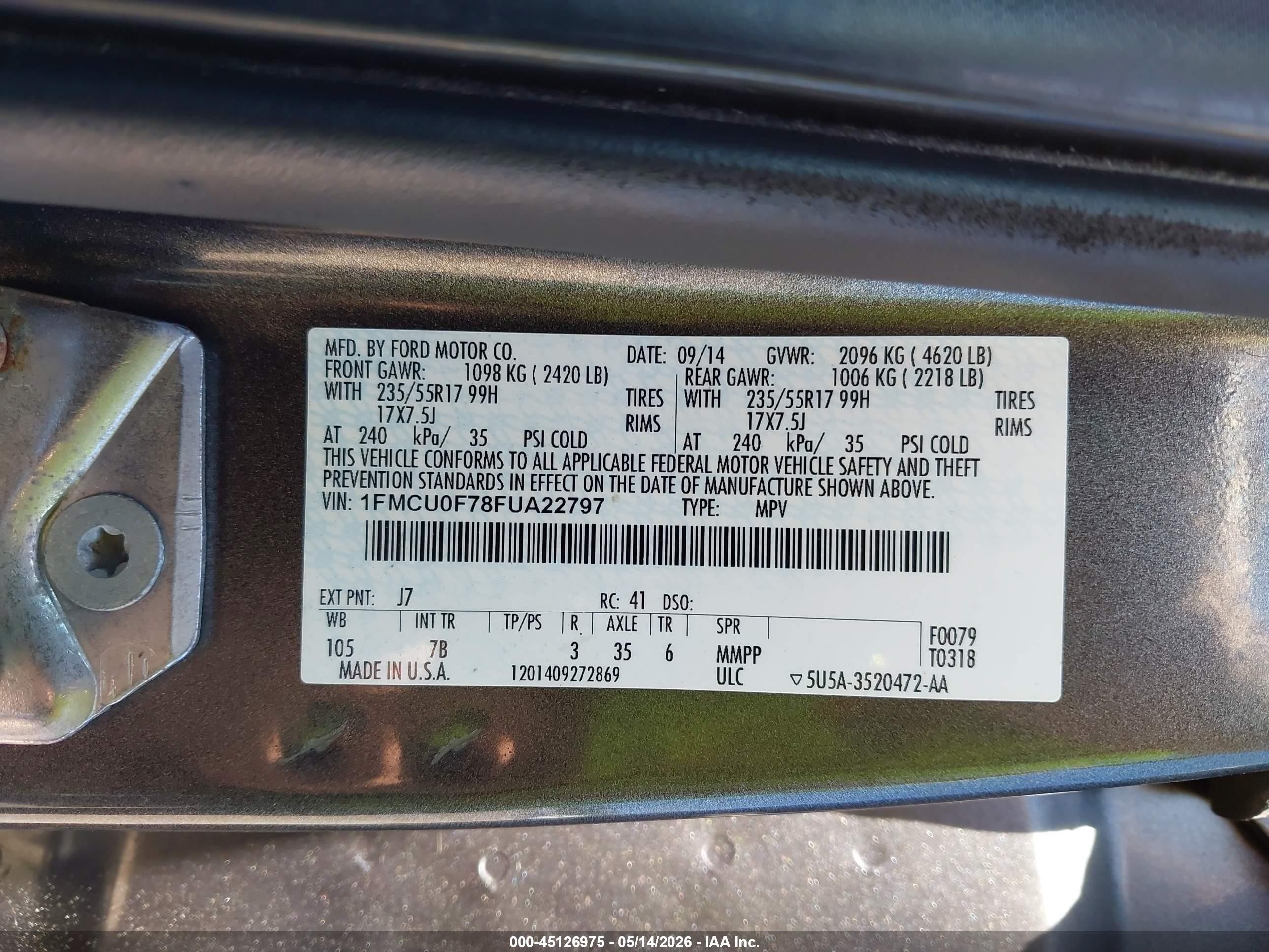 2015 Ford Escape S Серый vin: 1FMCU0F78FUA22797