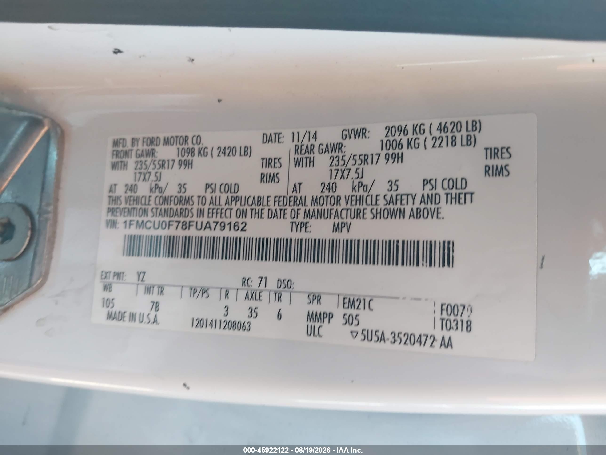 2015 Ford Escape S White vin: 1FMCU0F78FUA79162