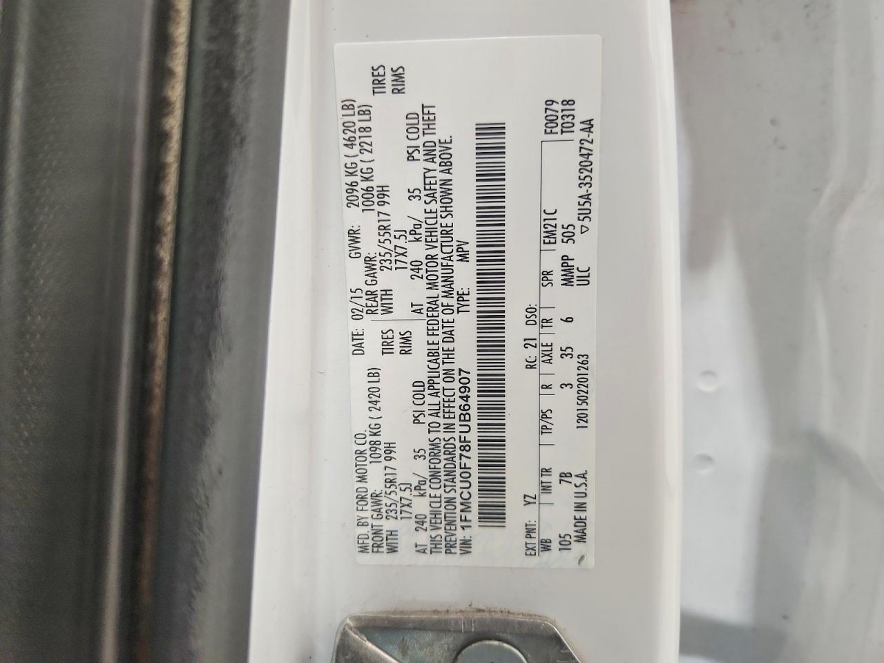 2015 Ford Escape S White vin: 1FMCU0F78FUB64907