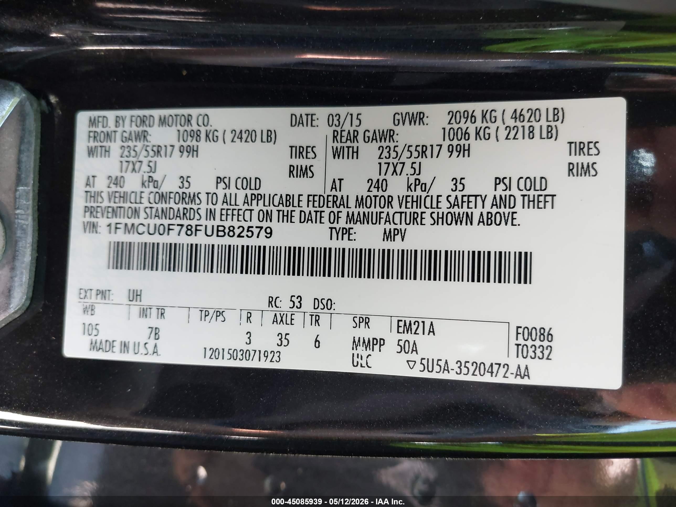 2015 Ford Escape S Черный vin: 1FMCU0F78FUB82579