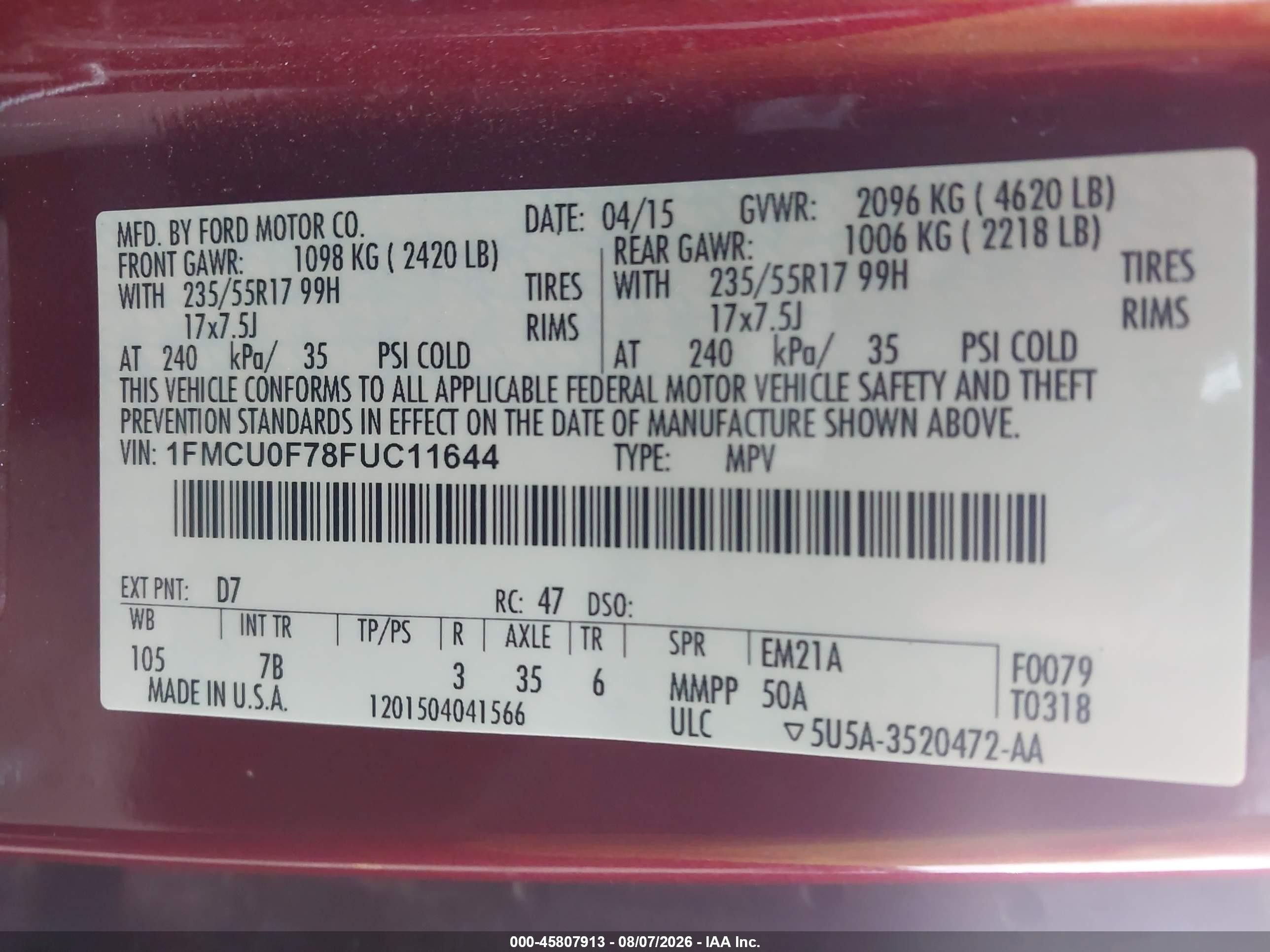 2015 Ford Escape S Orange vin: 1FMCU0F78FUC11644
