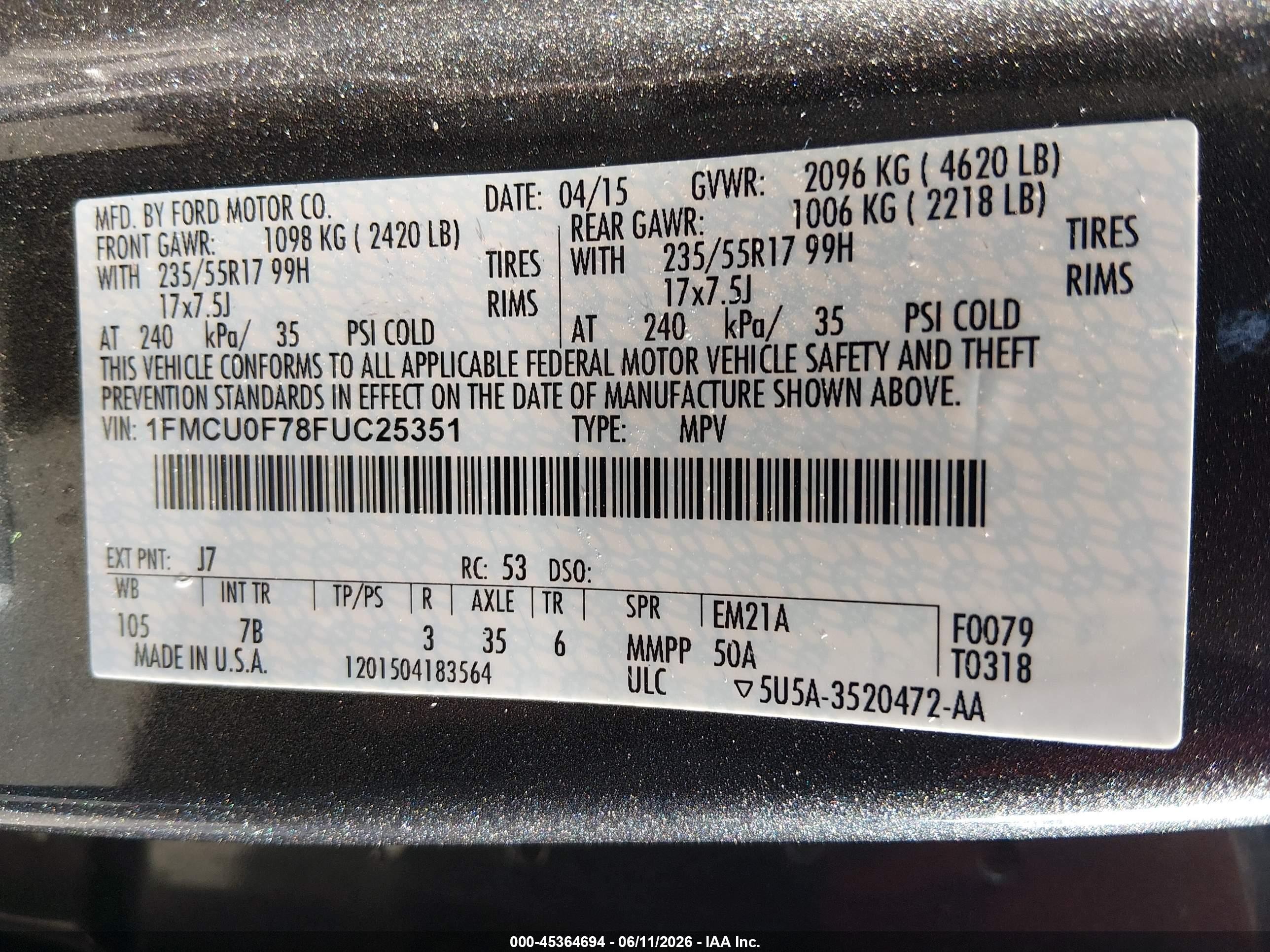 2015 Ford Escape S Silver vin: 1FMCU0F78FUC25351