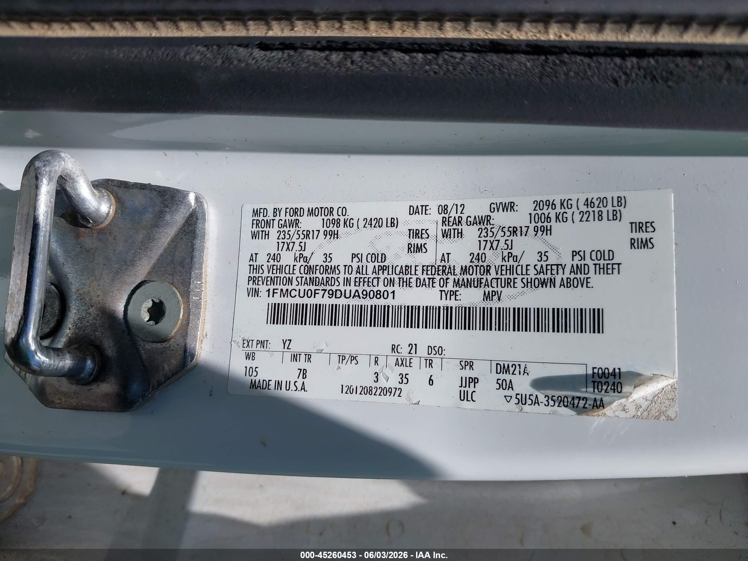 2013 Ford Escape S White vin: 1FMCU0F79DUA90801