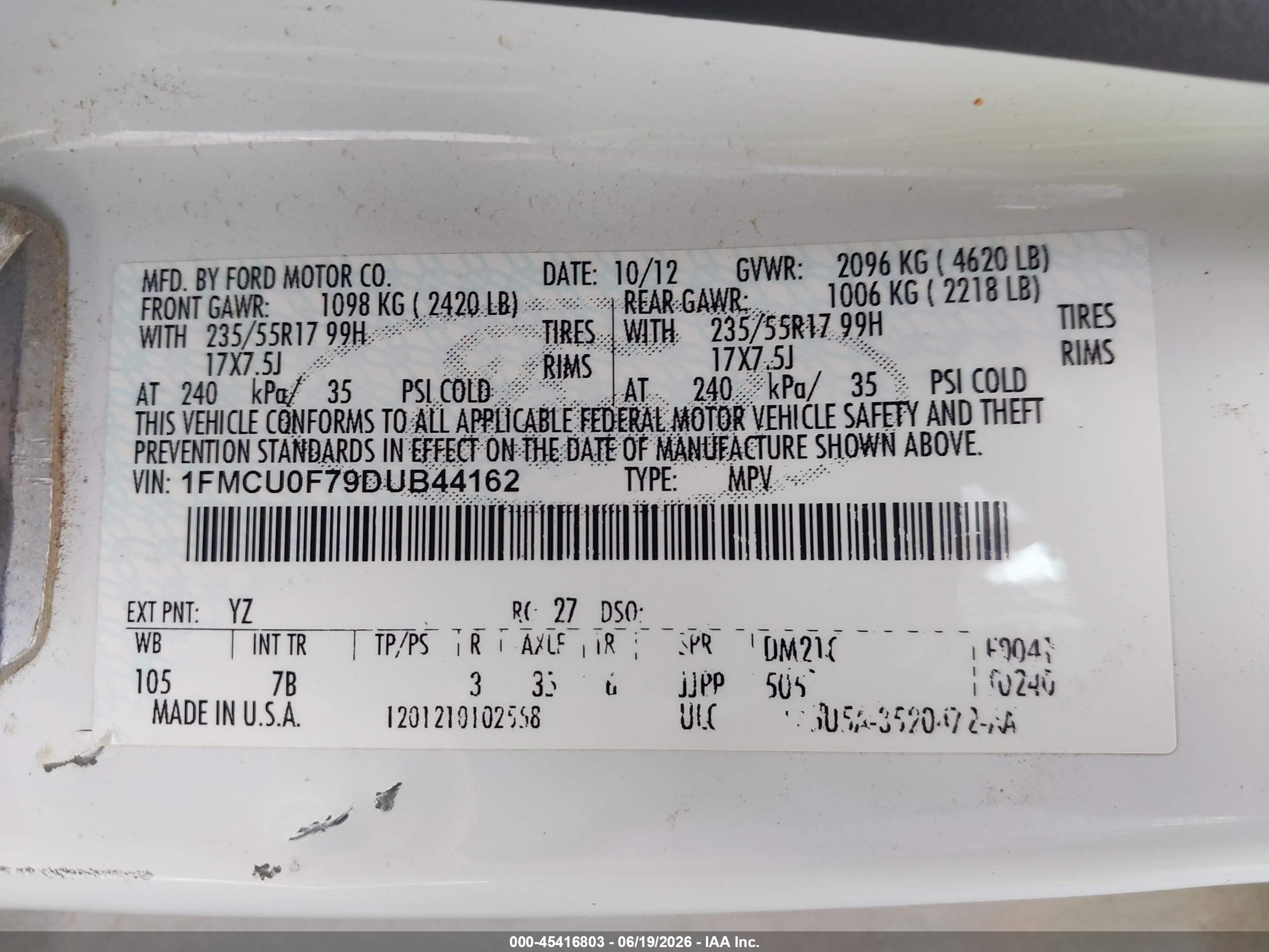 2013 Ford Escape S White vin: 1FMCU0F79DUB44162