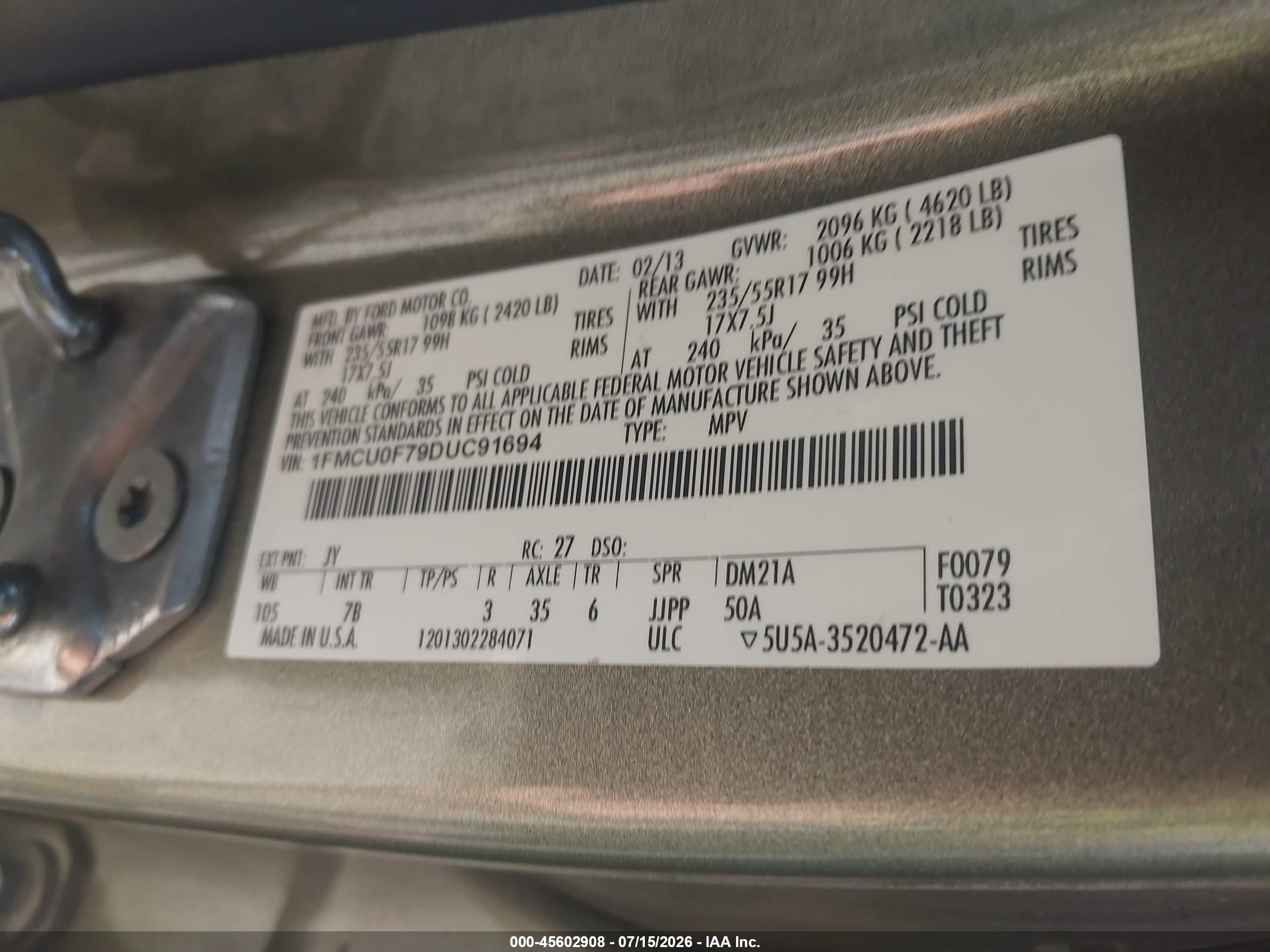 2013 Ford Escape S Green vin: 1FMCU0F79DUC91694