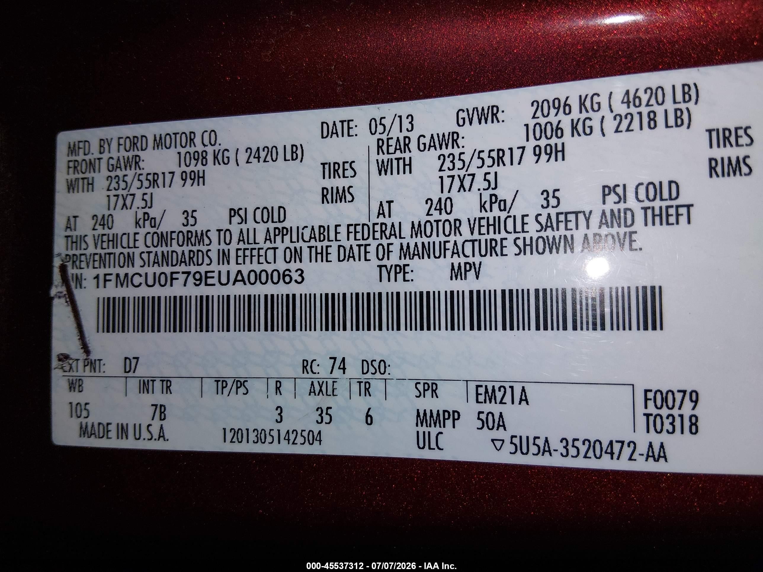 2014 Ford Escape S Red vin: 1FMCU0F79EUA00063