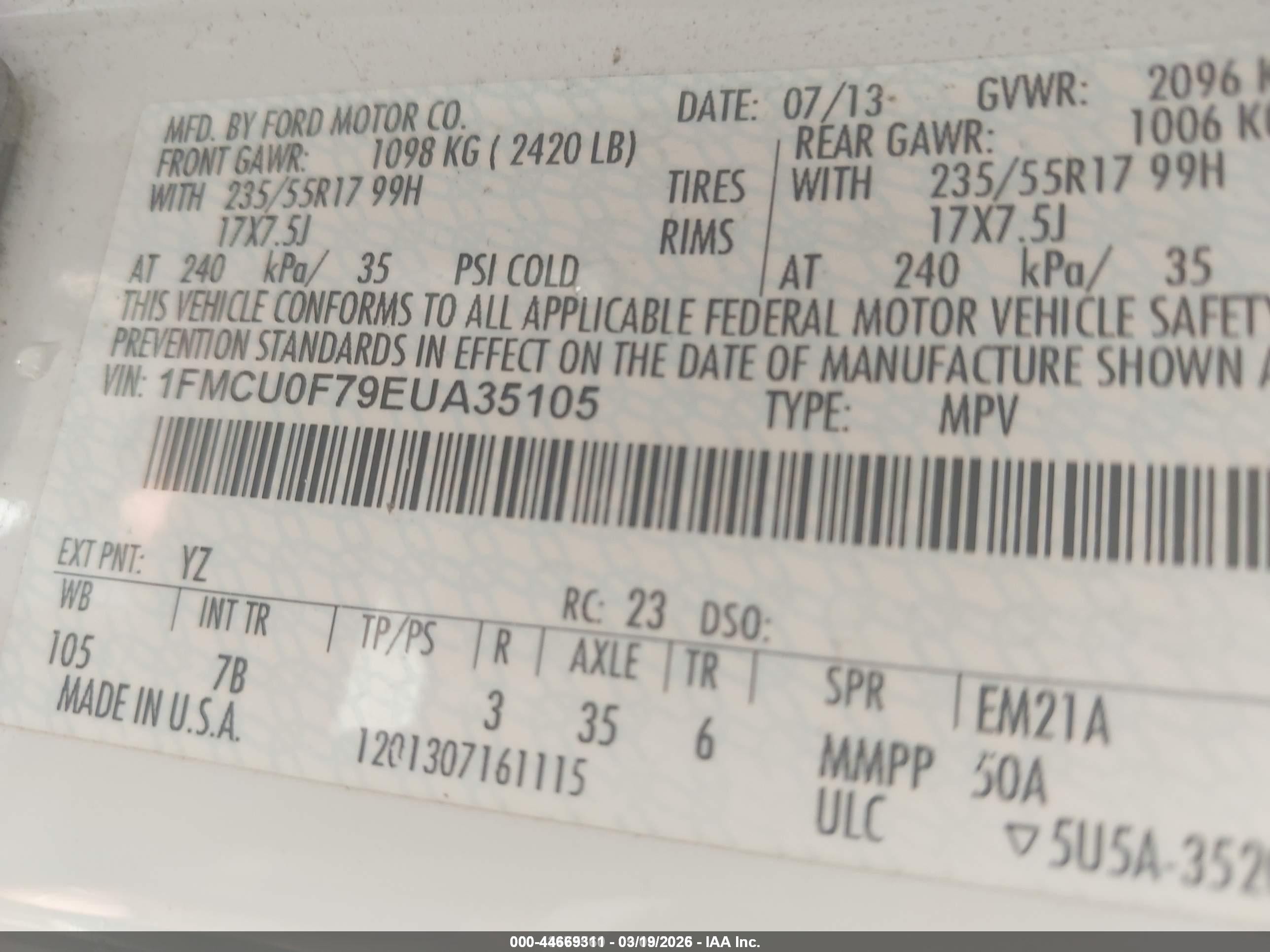 2014 Ford Escape S White vin: 1FMCU0F79EUA35105