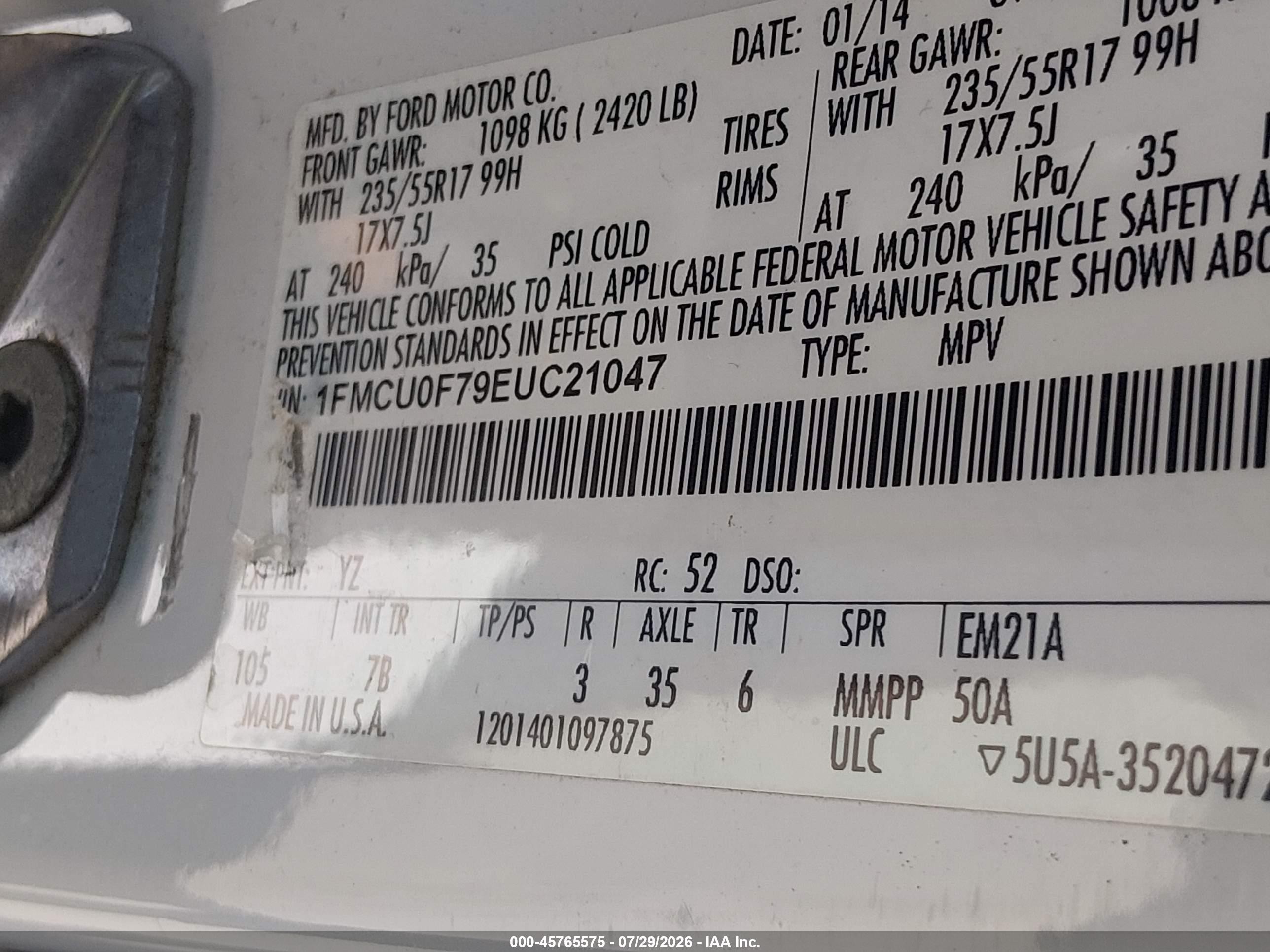 2014 Ford Escape S White vin: 1FMCU0F79EUC21047