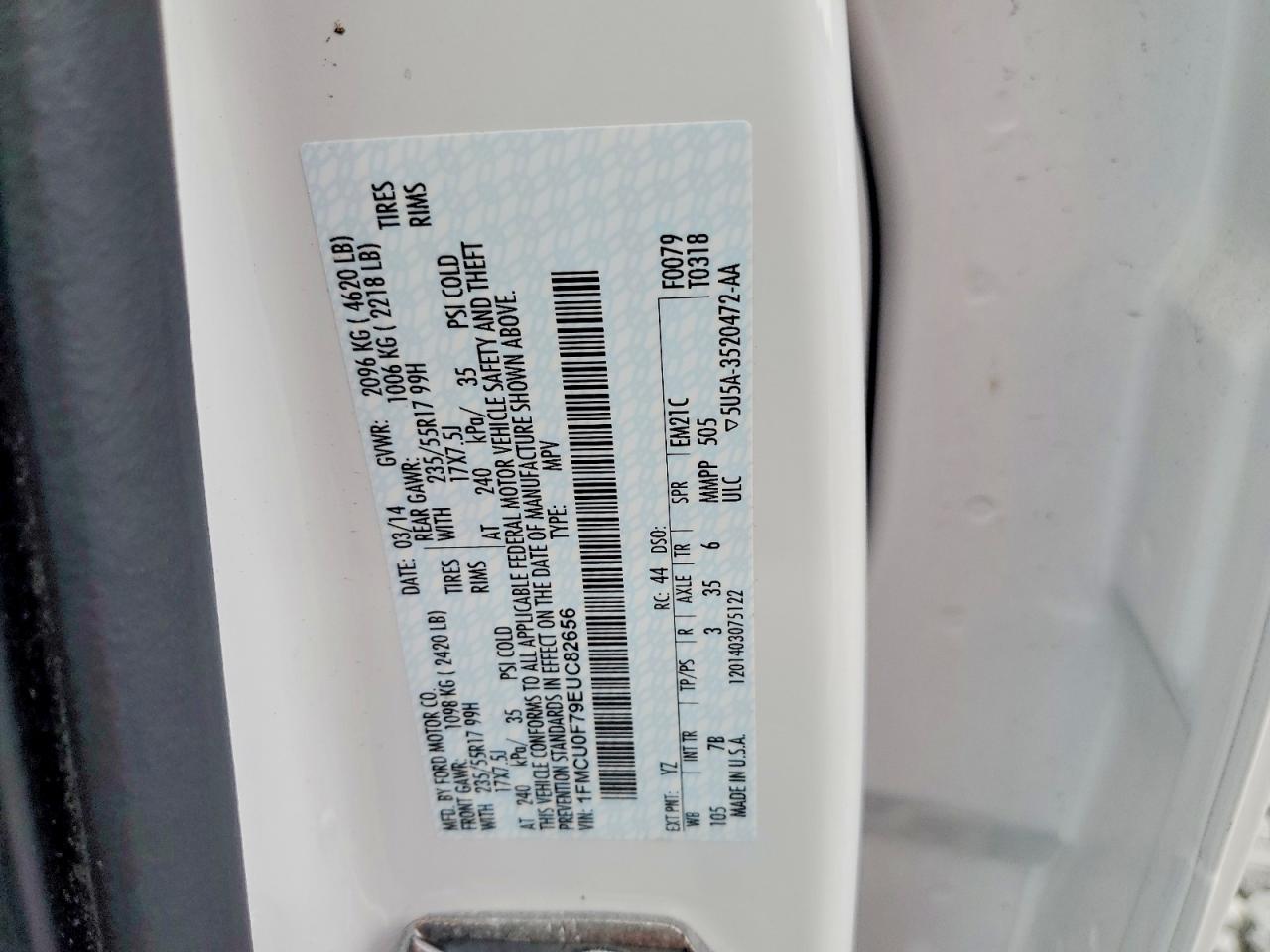 2014 Ford Escape S Белый vin: 1FMCU0F79EUC82656