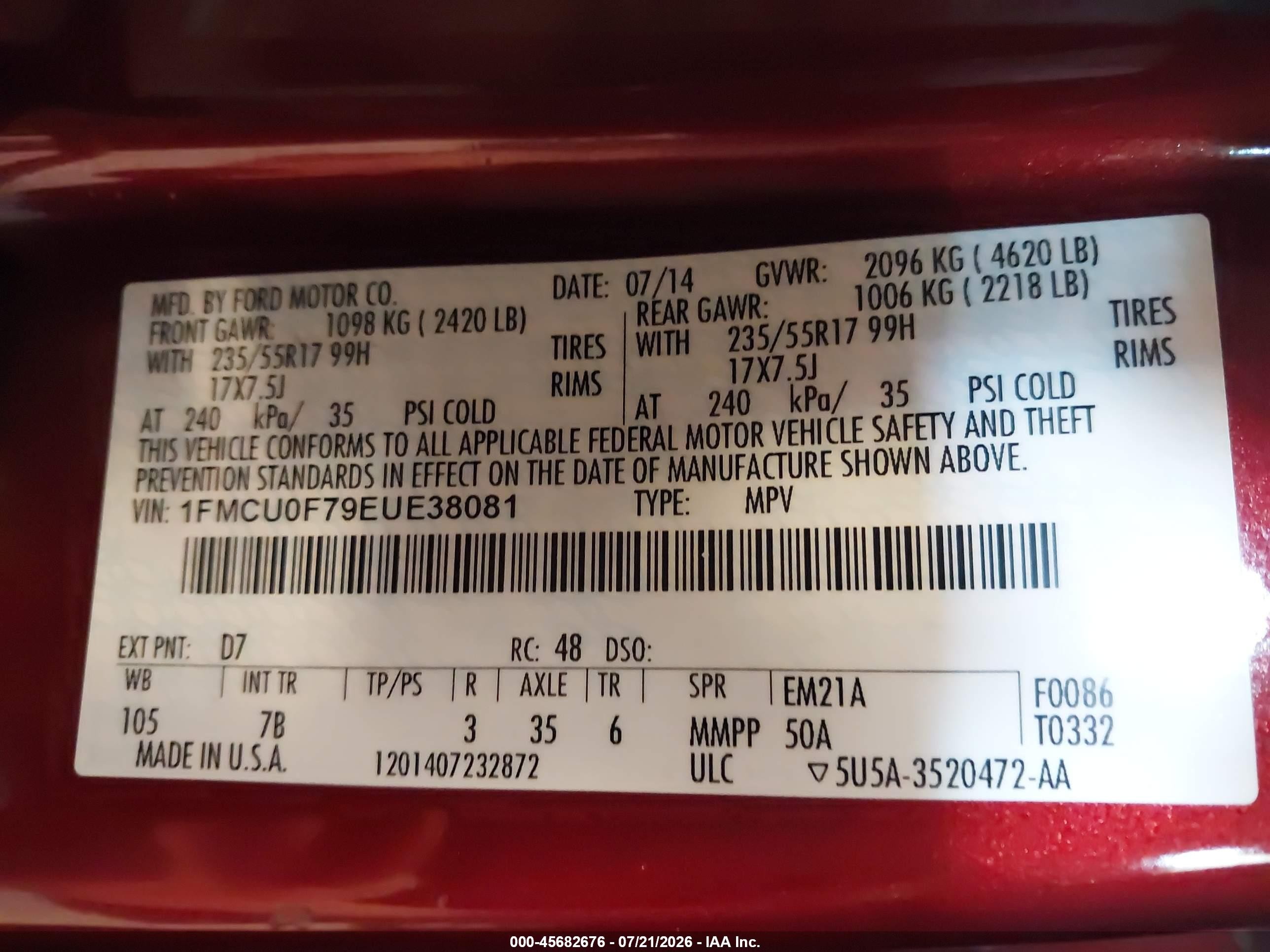 2014 Ford Escape S Red vin: 1FMCU0F79EUE38081