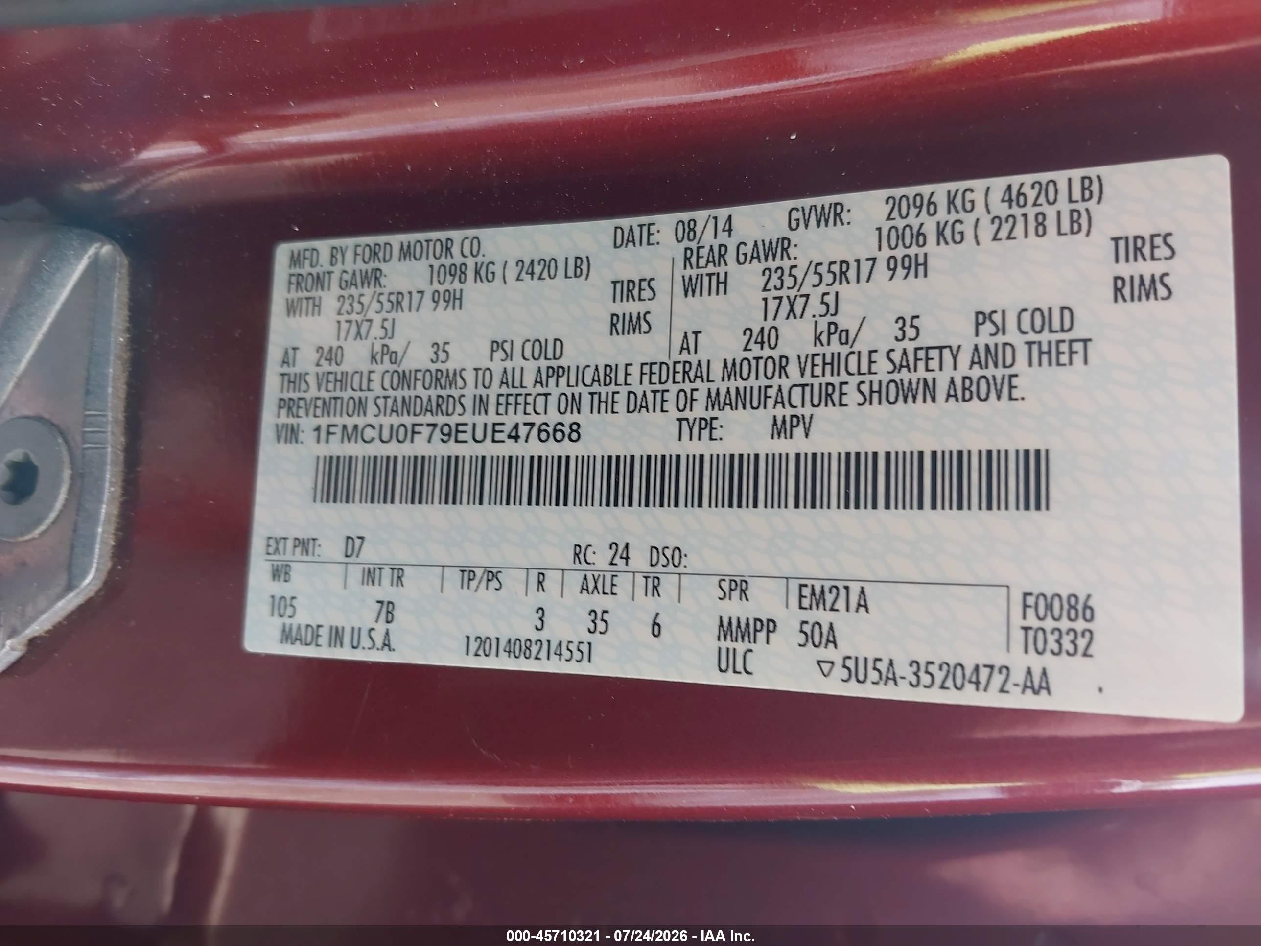 2014 Ford Escape S Orange vin: 1FMCU0F79EUE47668