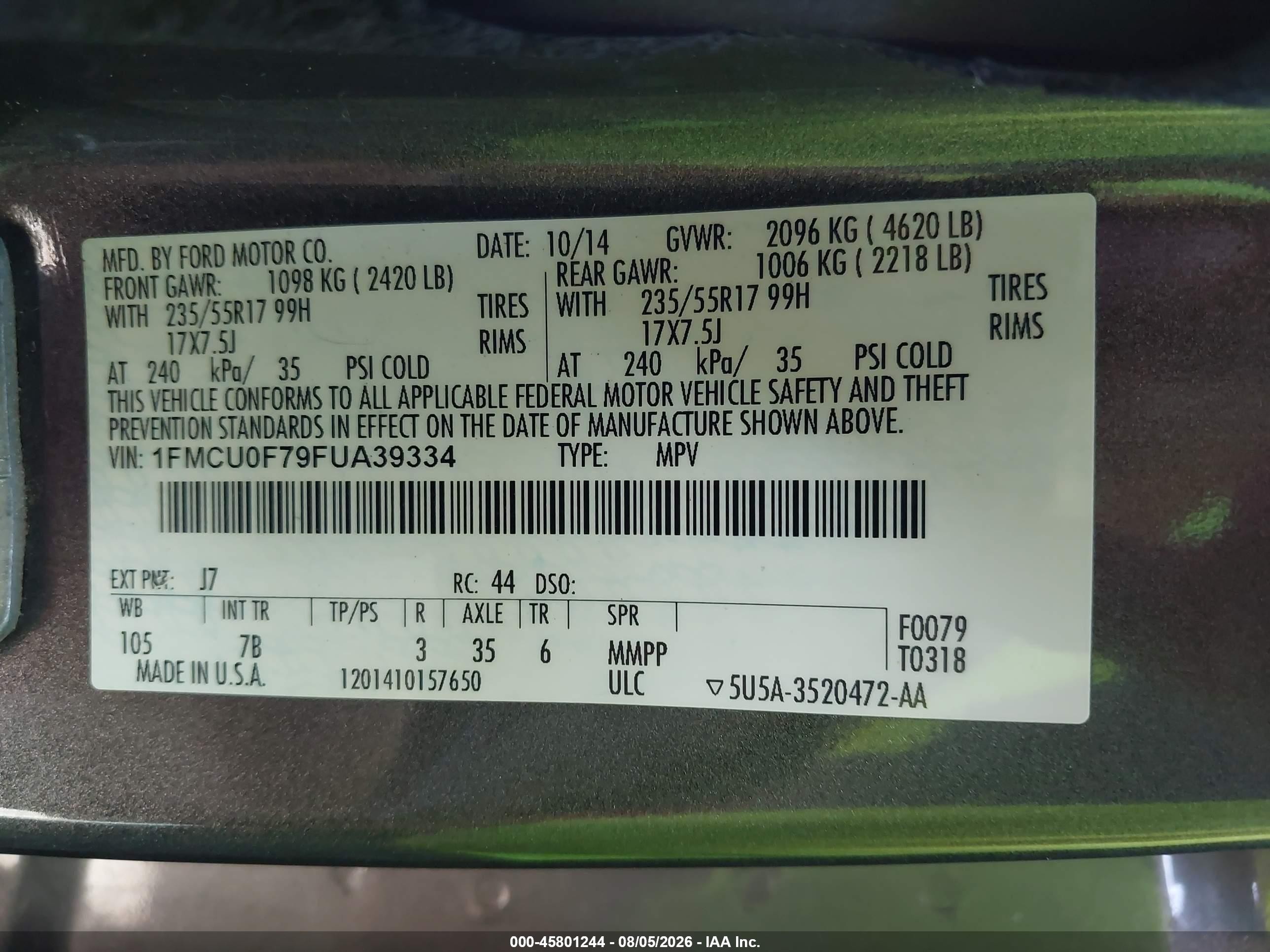 2015 Ford Escape S Gray vin: 1FMCU0F79FUA39334