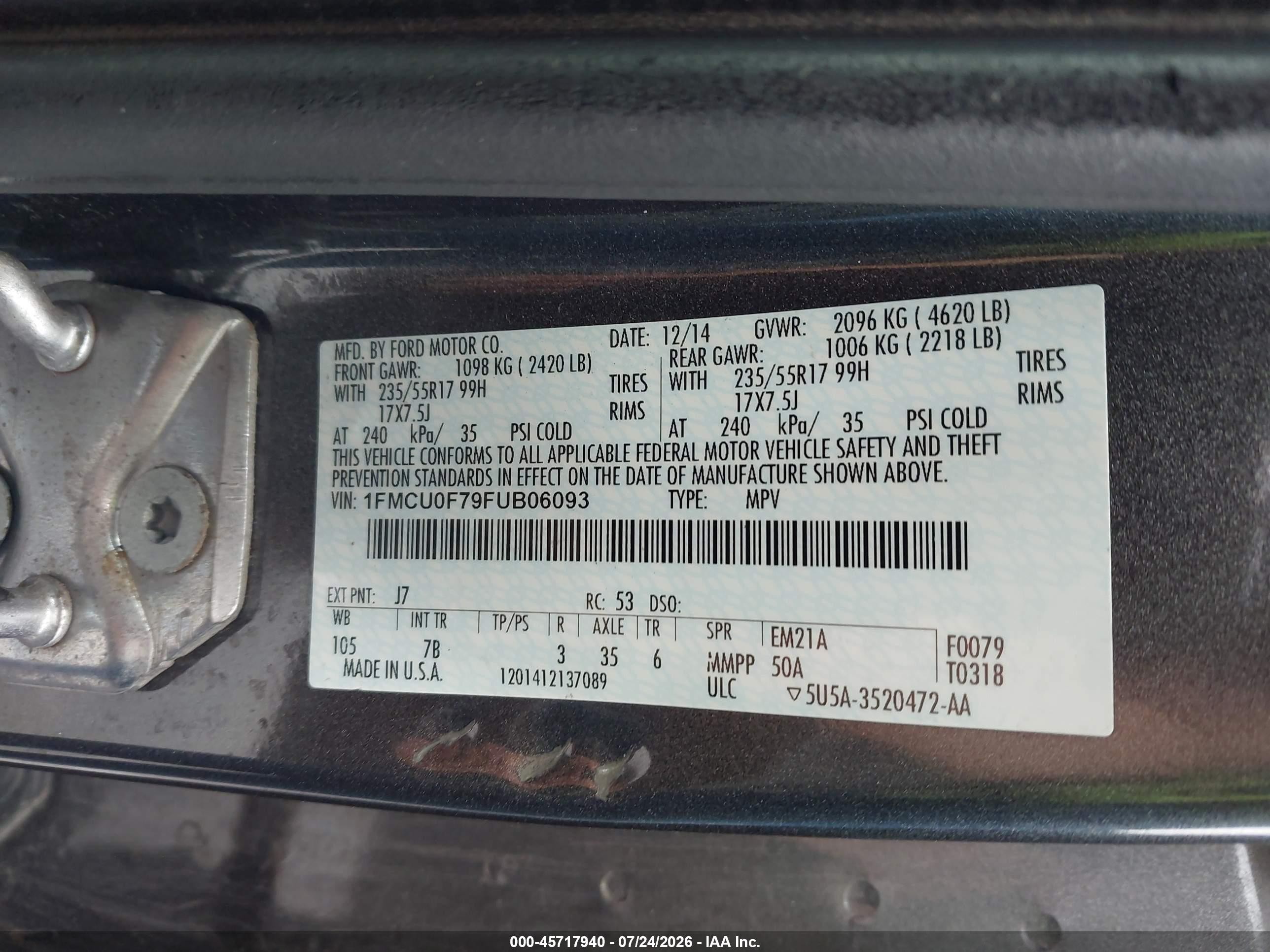 2015 Ford Escape S Gray vin: 1FMCU0F79FUB06093