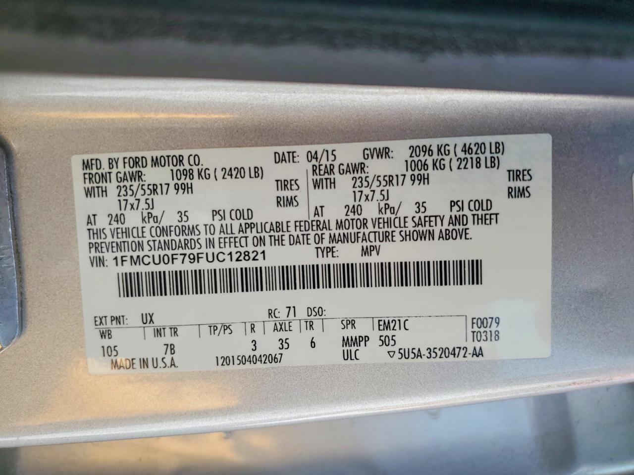 2015 Ford Escape S Silver vin: 1FMCU0F79FUC12821