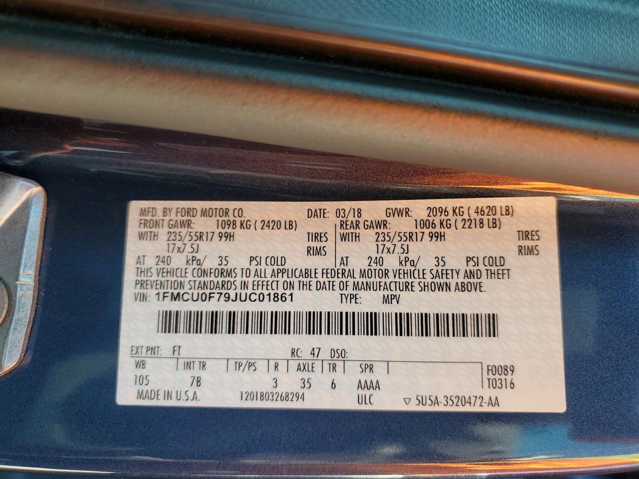 2018 Ford Escape S Blue vin: 1FMCU0F79JUC01861
