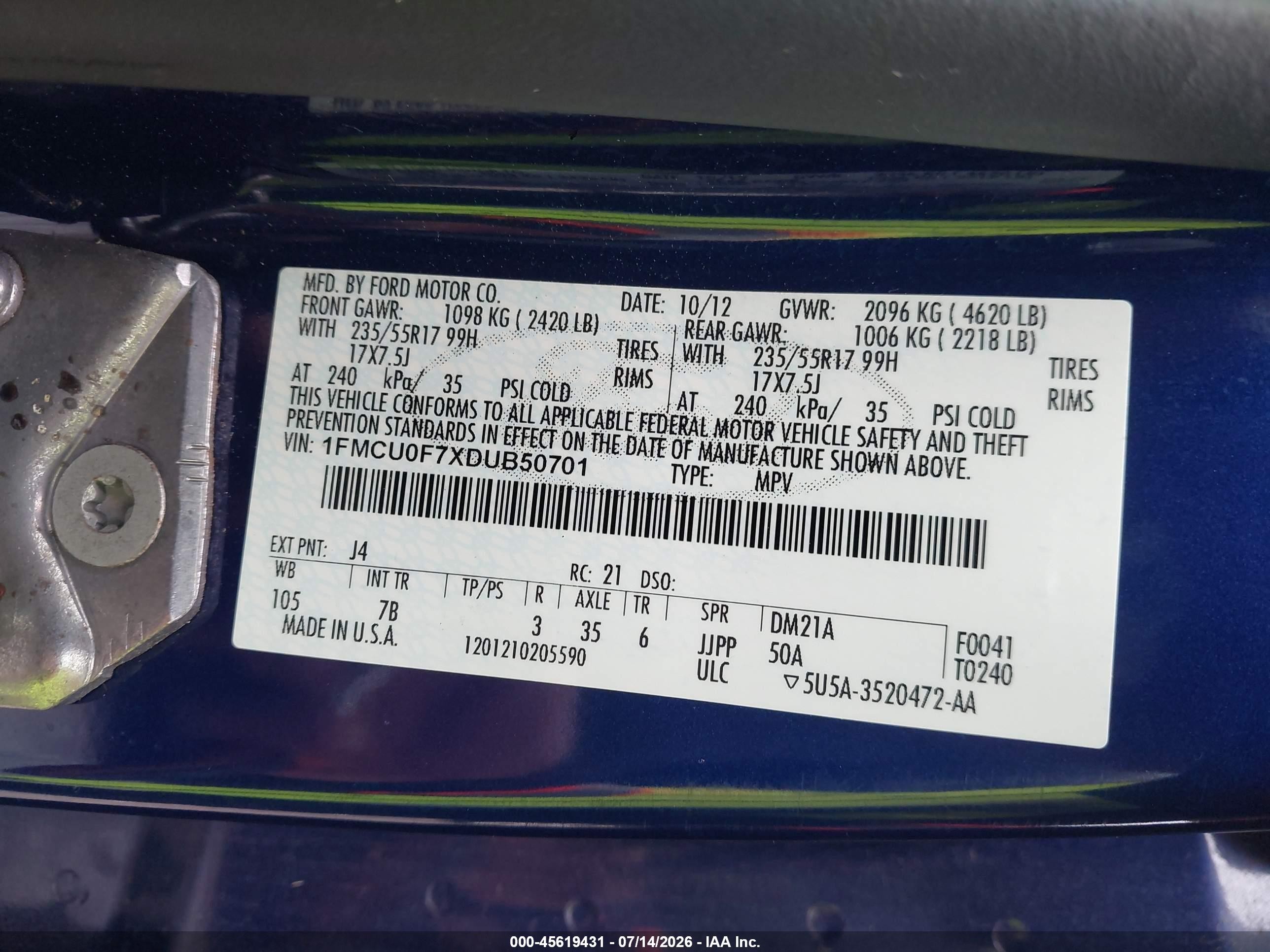 2013 Ford Escape S Dark Blue vin: 1FMCU0F7XDUB50701