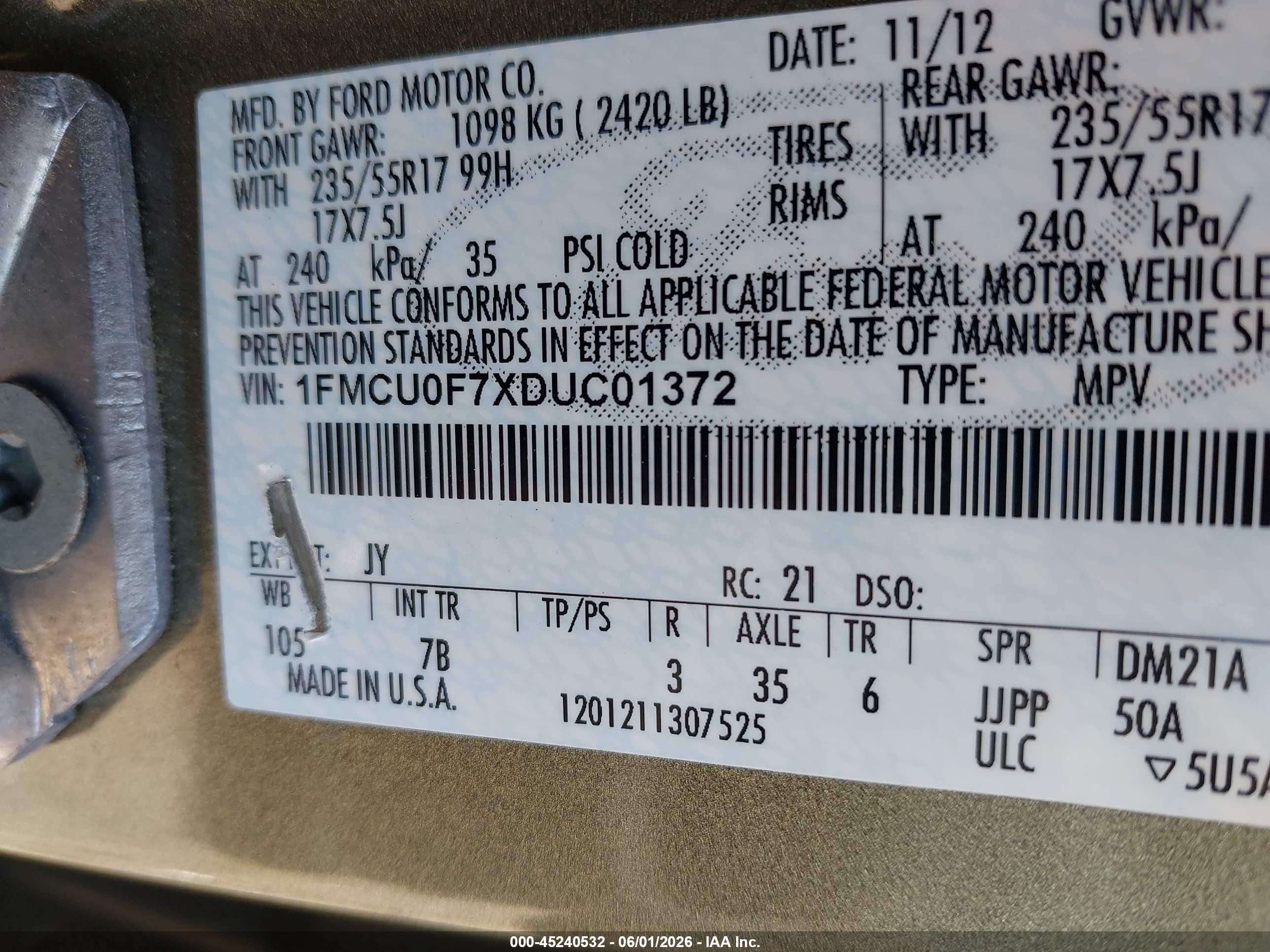 2013 Ford Escape S Green vin: 1FMCU0F7XDUC01372