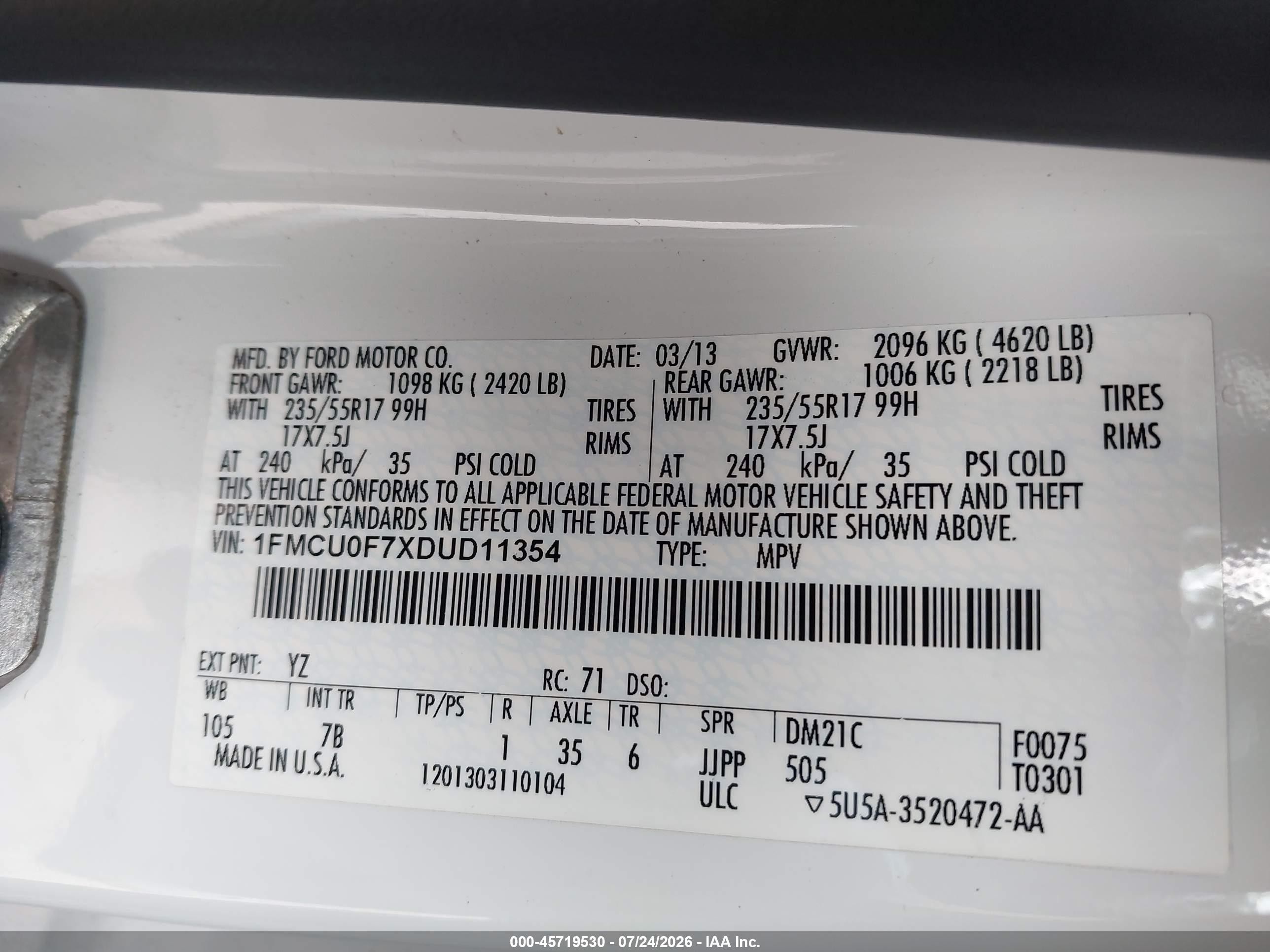 2013 Ford Escape S White vin: 1FMCU0F7XDUD11354