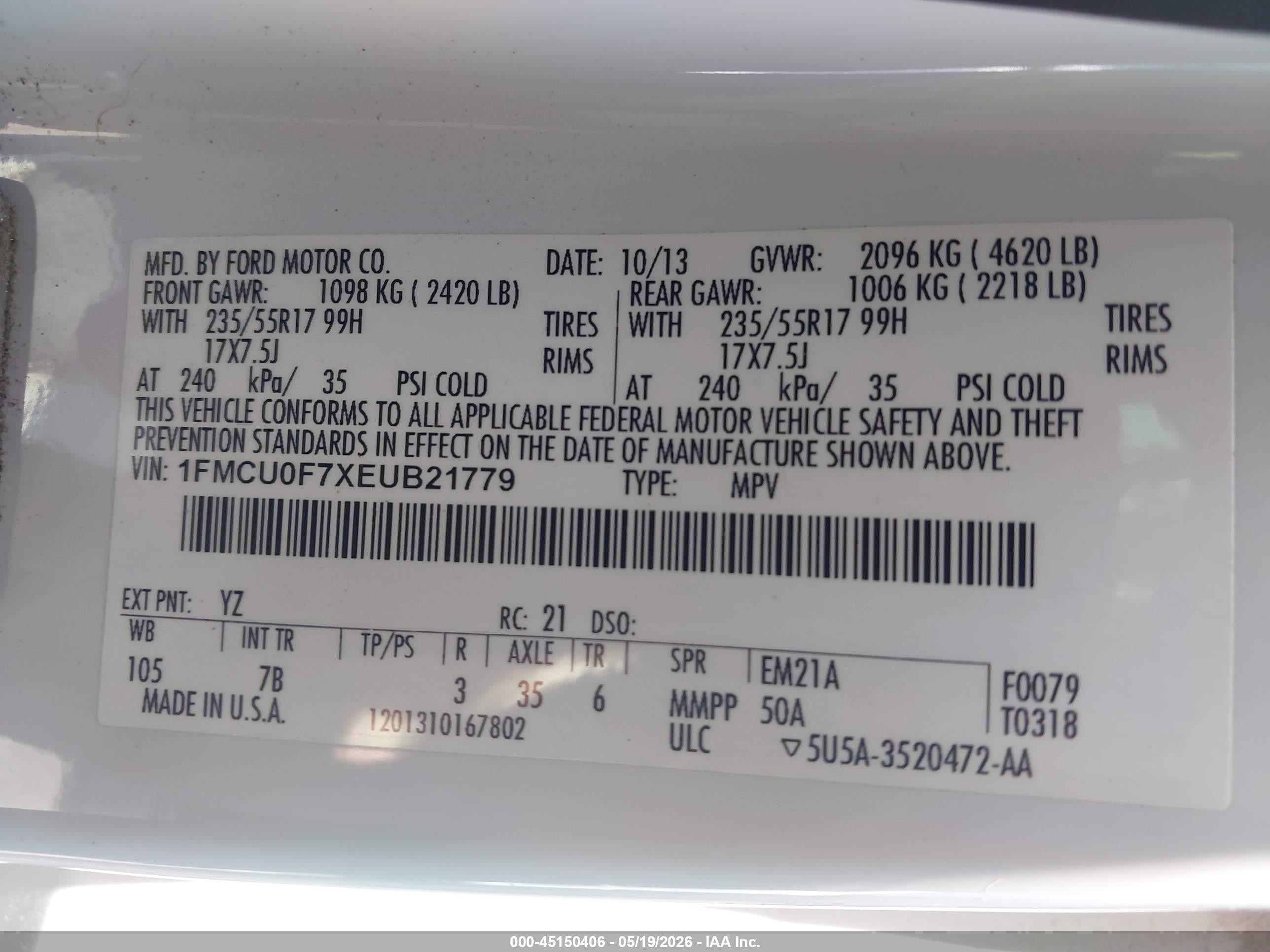 2014 Ford Escape S White vin: 1FMCU0F7XEUB21779