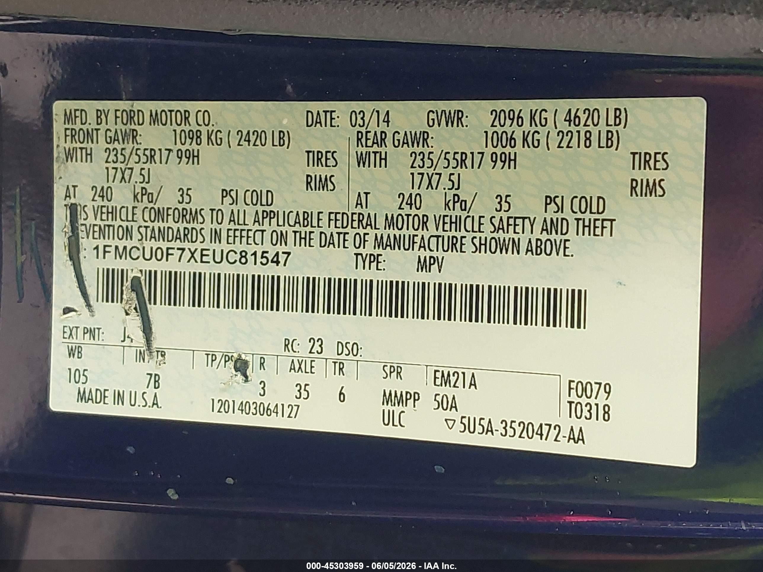 2014 Ford Escape S Blue vin: 1FMCU0F7XEUC81547
