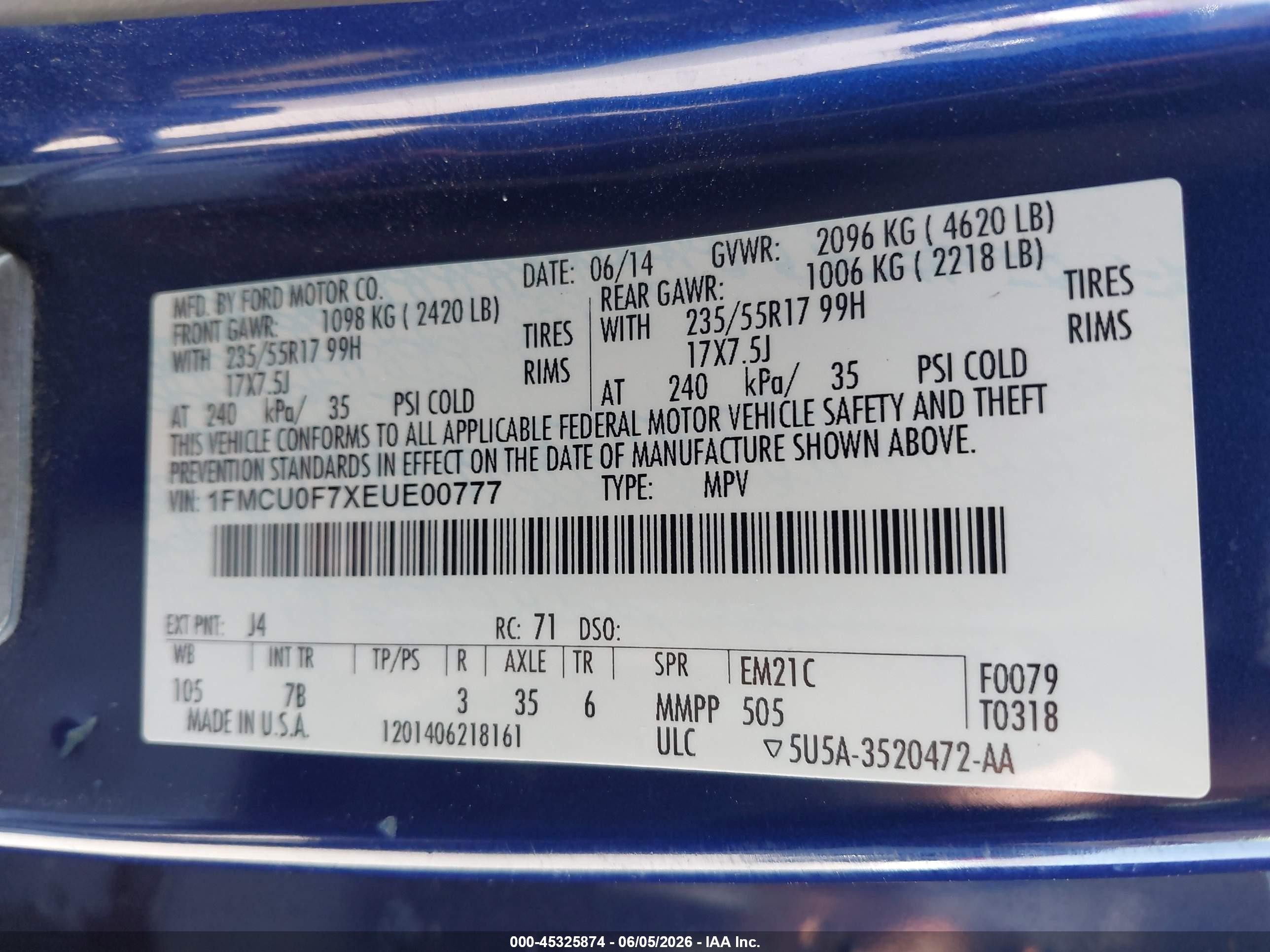 2014 Ford Escape S Синий vin: 1FMCU0F7XEUE00777
