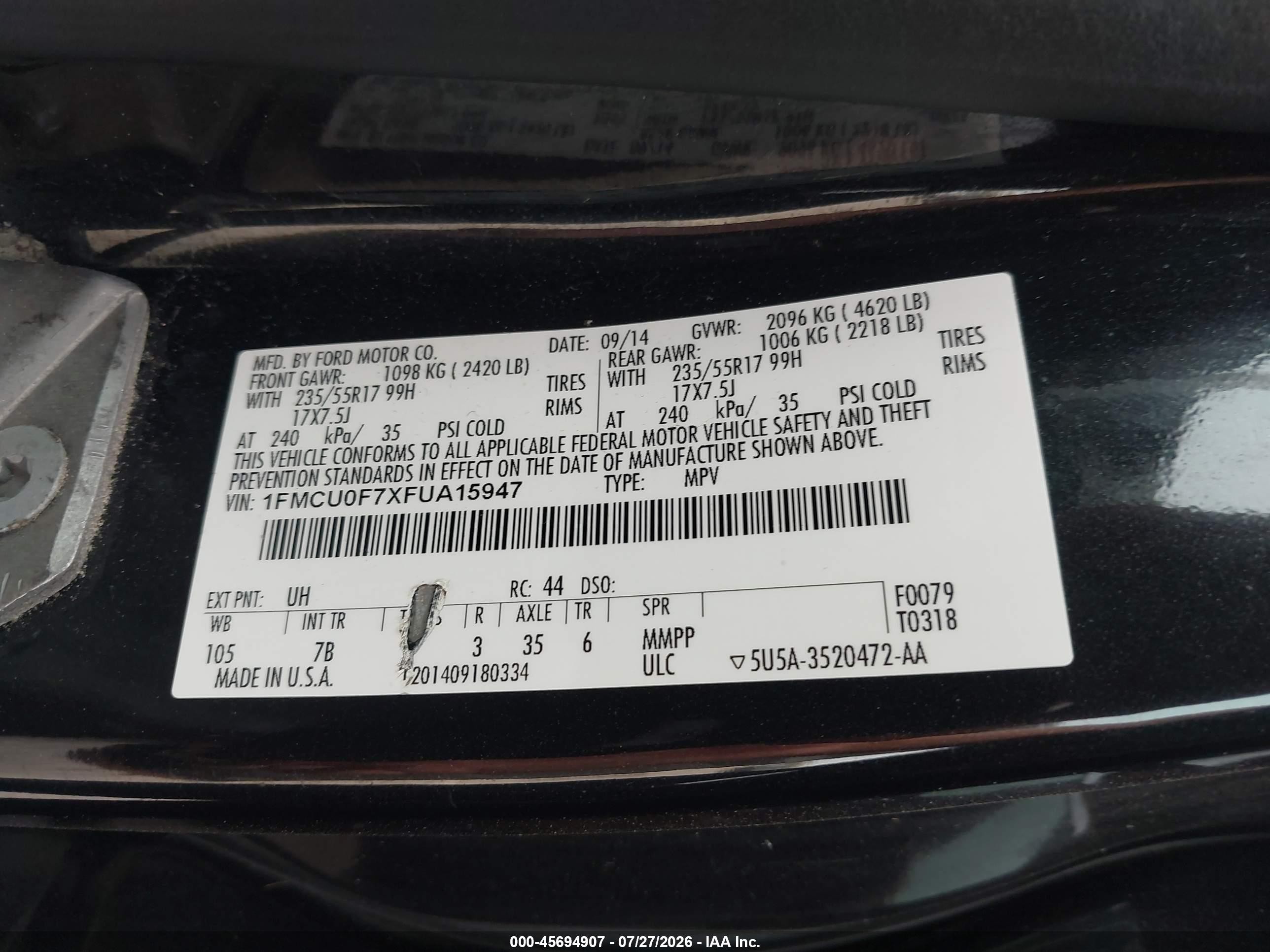 2015 Ford Escape S Black vin: 1FMCU0F7XFUA15947