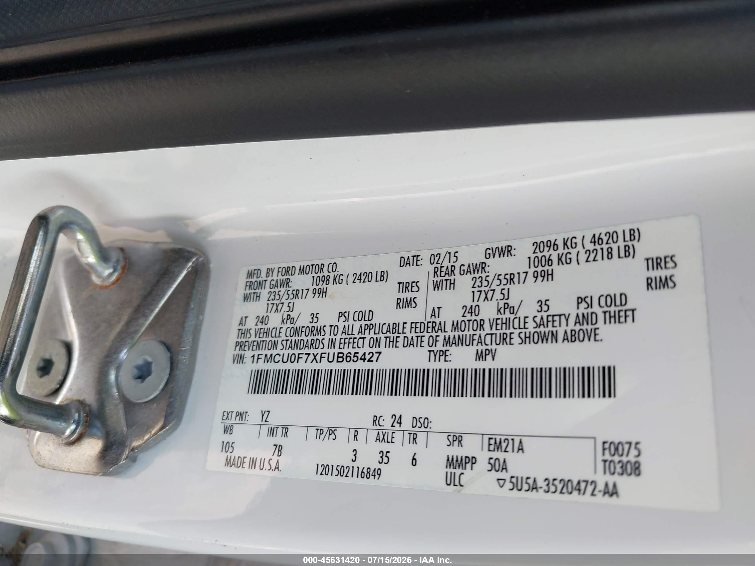 2015 Ford Escape S White vin: 1FMCU0F7XFUB65427