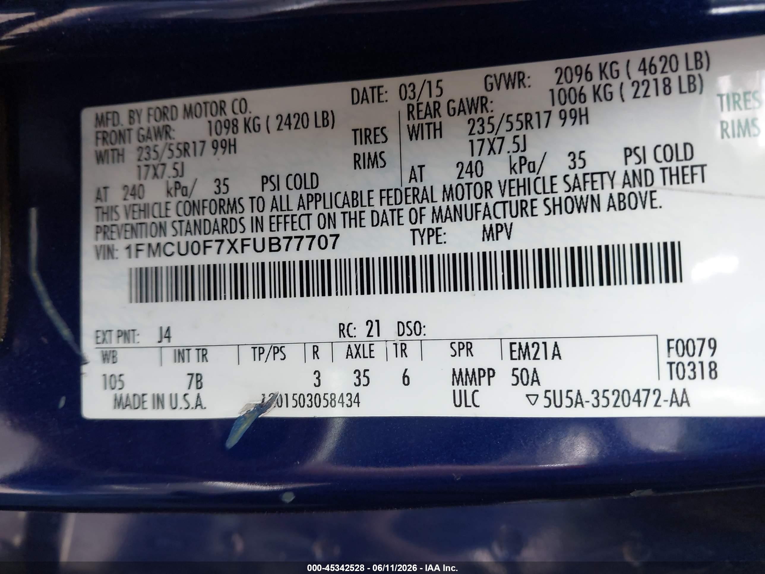 2015 Ford Escape S Blue vin: 1FMCU0F7XFUB77707
