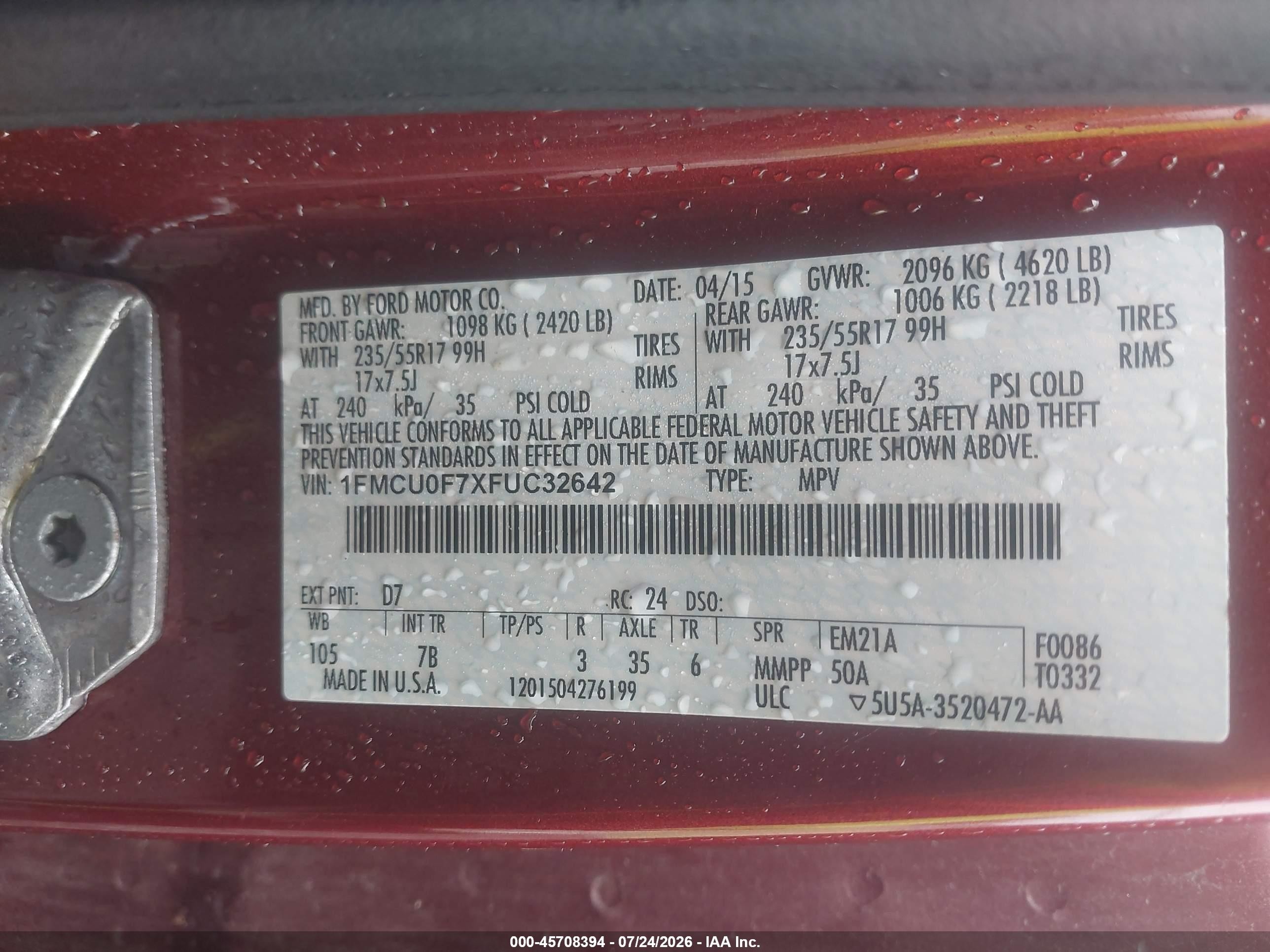 2015 Ford Escape S Maroon vin: 1FMCU0F7XFUC32642