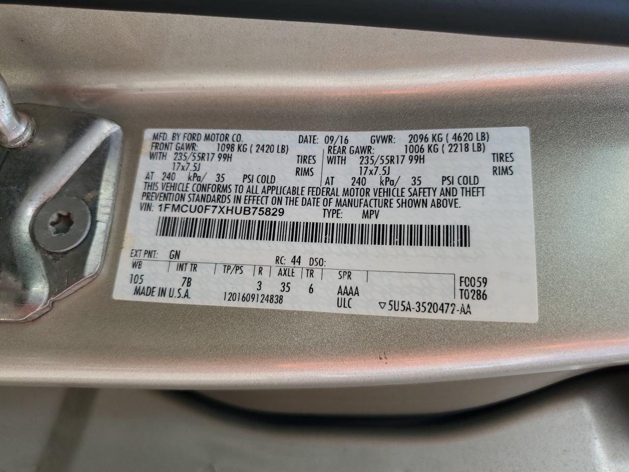 2017 Ford Escape S Beige vin: 1FMCU0F7XHUB75829