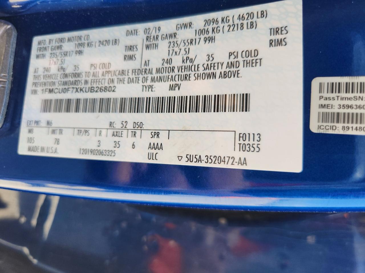 2019 Ford Escape S Blue vin: 1FMCU0F7XKUB26802
