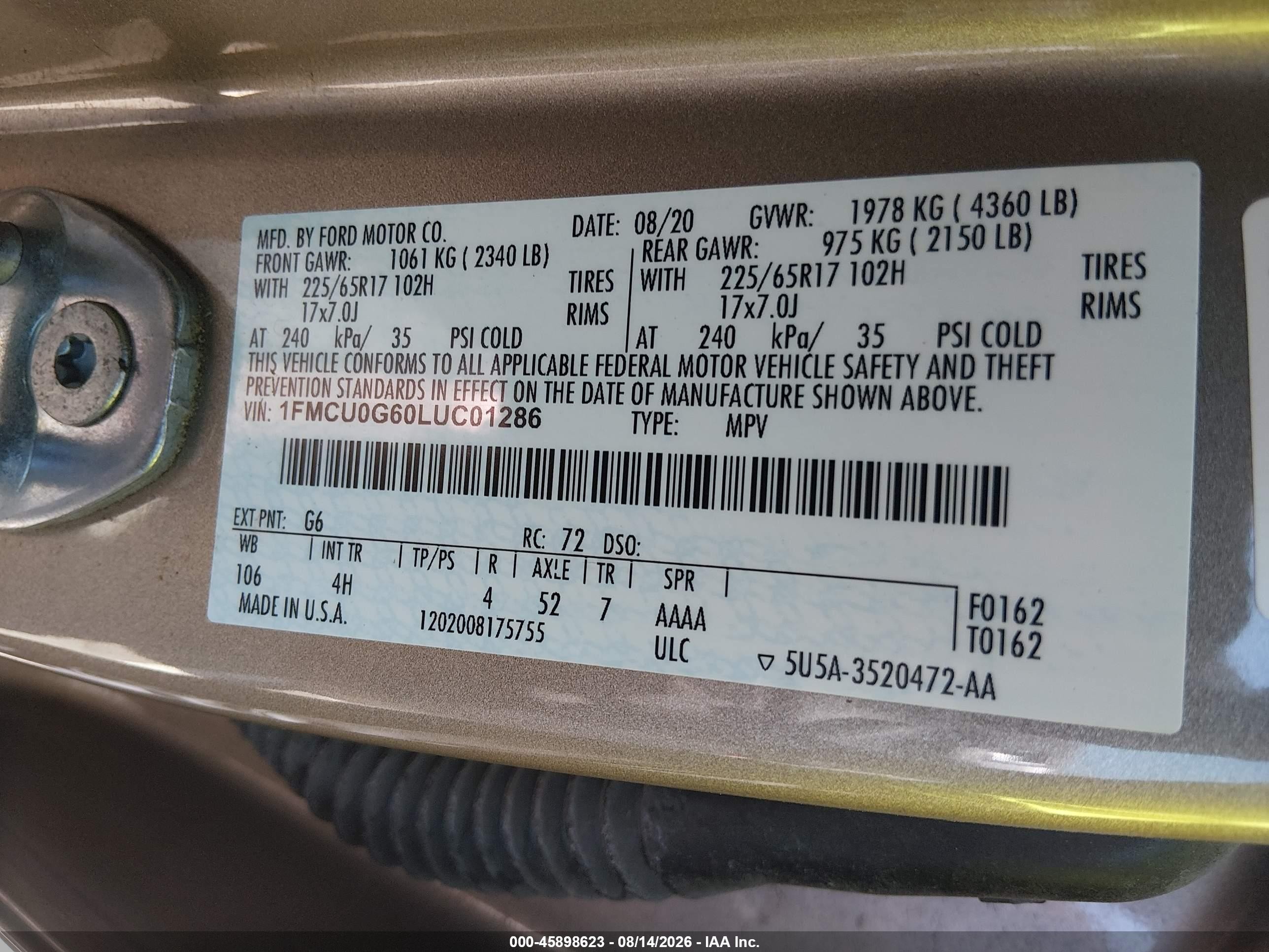 2020 Ford Escape Se Gold vin: 1FMCU0G60LUC01286
