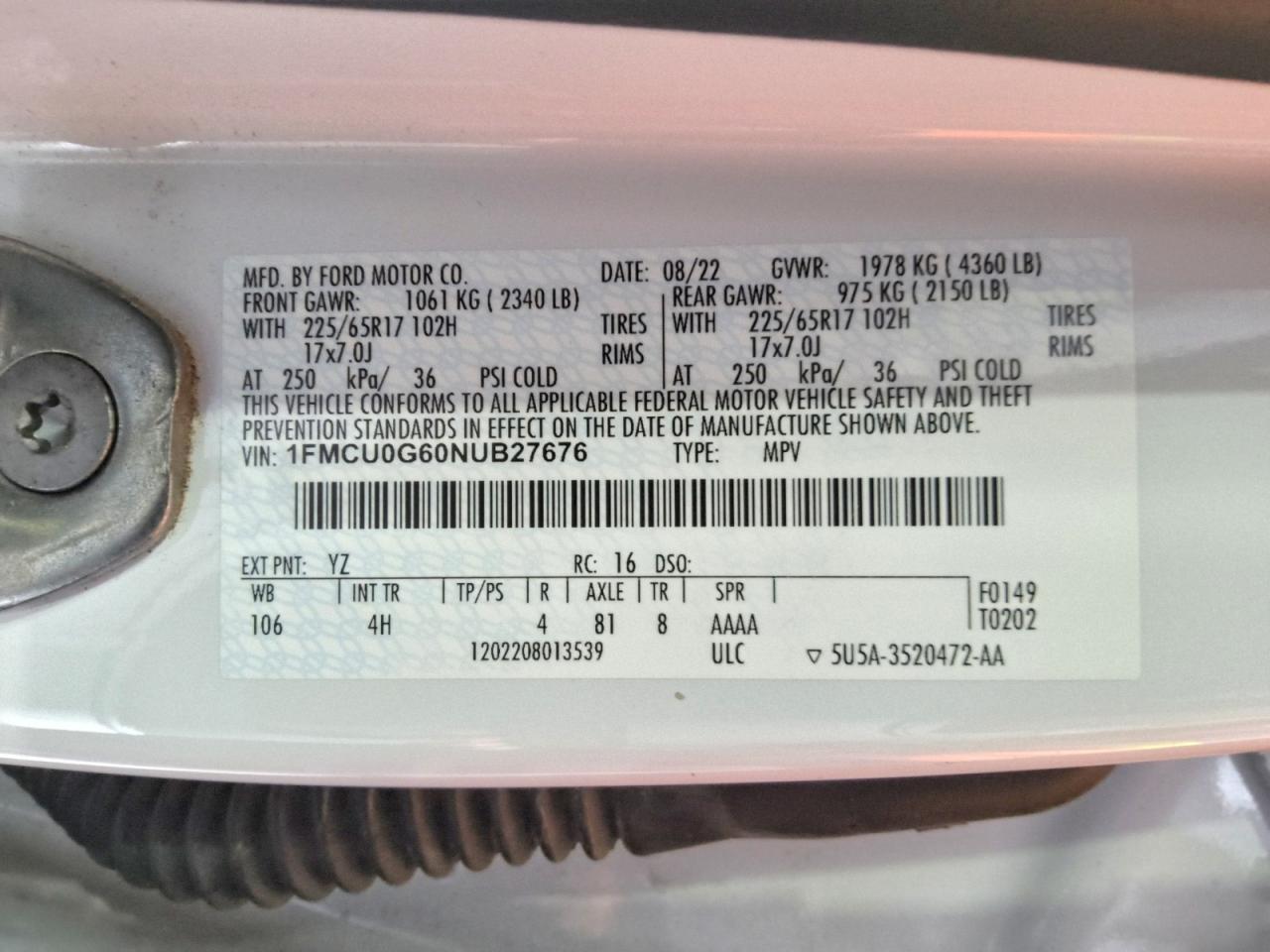 2022 Ford Escape Se White vin: 1FMCU0G60NUB27676