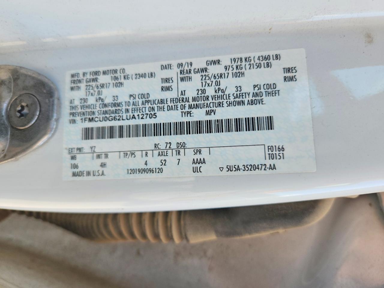 2020 Ford Escape Se White vin: 1FMCU0G62LUA12705