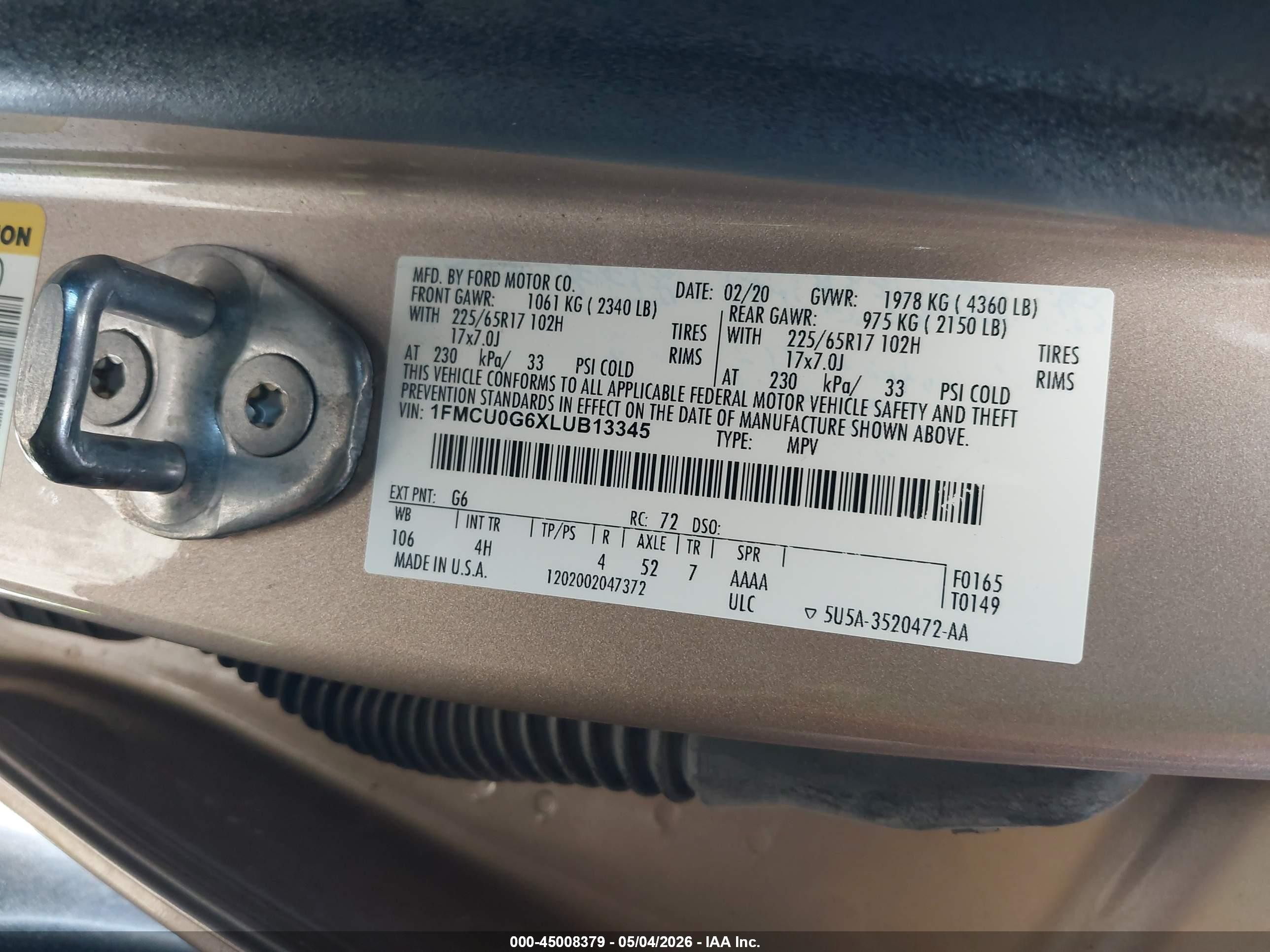 2020 Ford Escape Se Бежевый vin: 1FMCU0G6XLUB13345