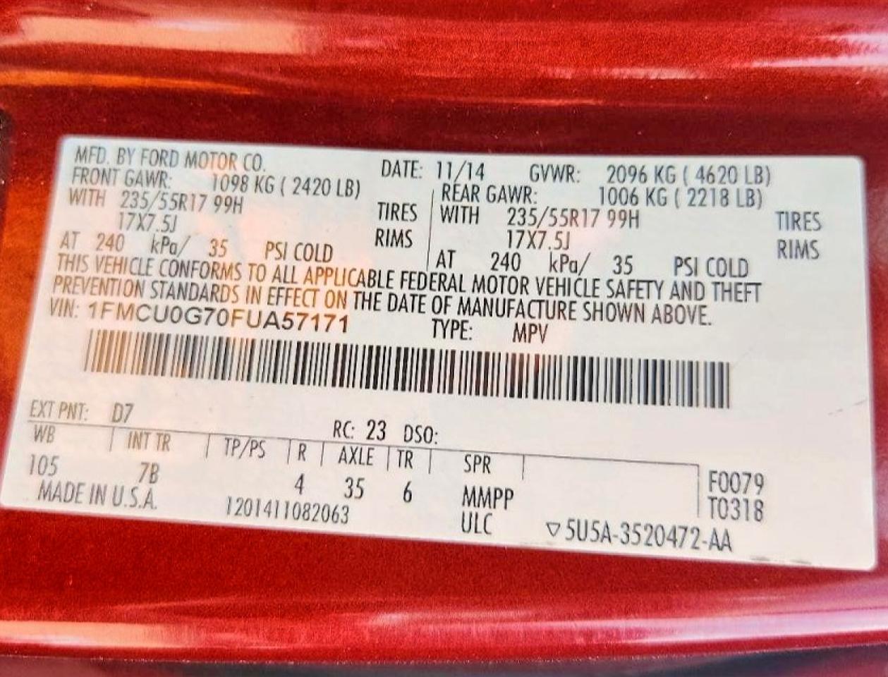 2015 Ford Escape Se Red vin: 1FMCU0G70FUA57171