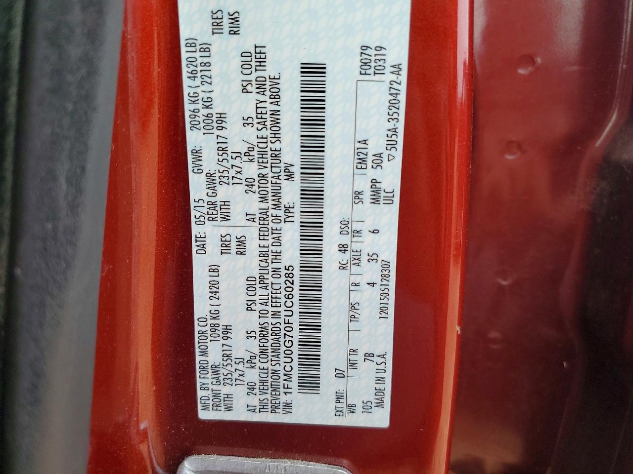 2015 Ford Escape Se Red vin: 1FMCU0G70FUC60285