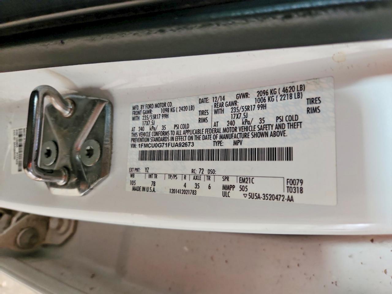 2015 Ford Escape Se White vin: 1FMCU0G71FUA92673
