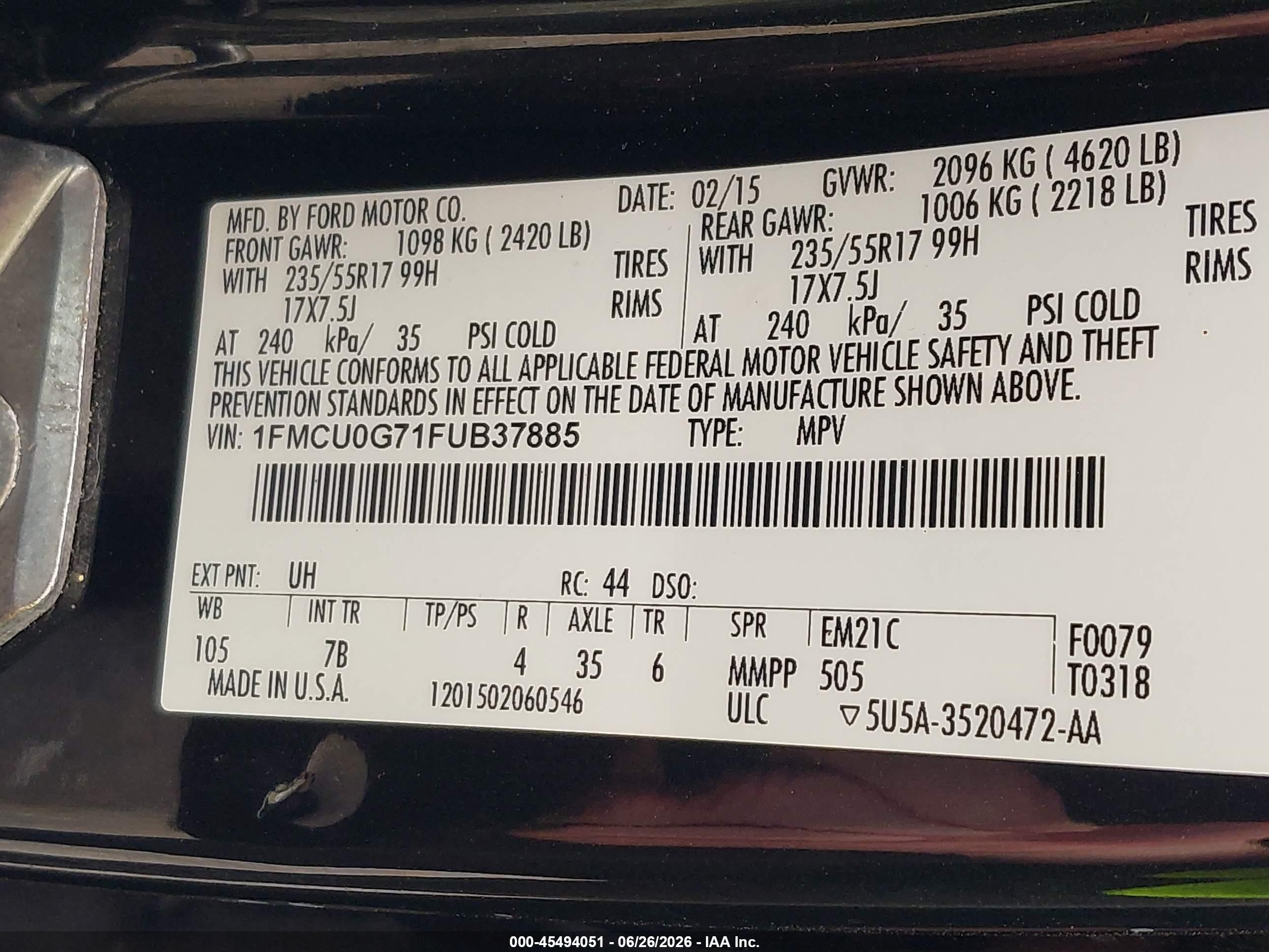 2015 Ford Escape Se Black vin: 1FMCU0G71FUB37885
