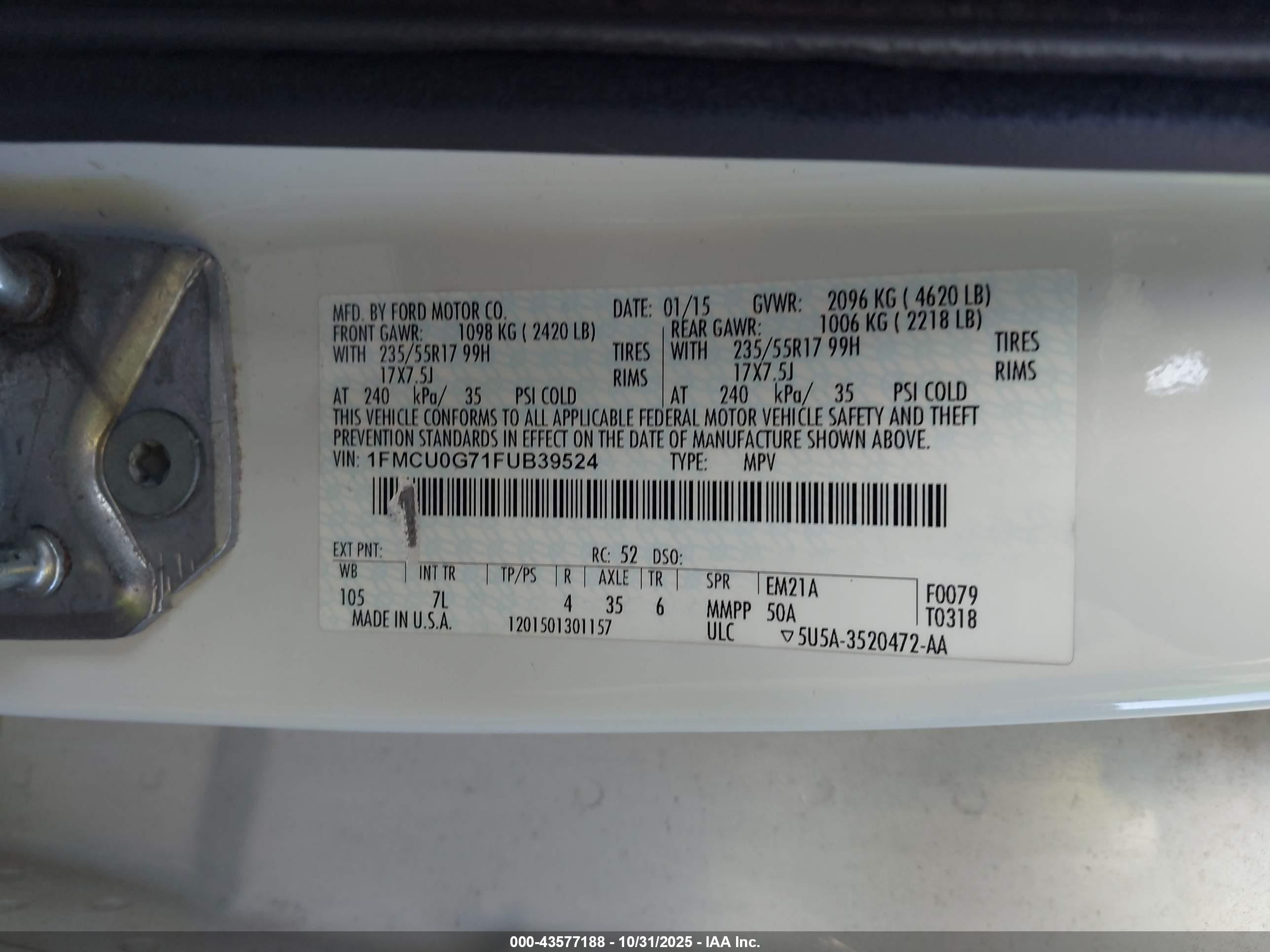 2015 Ford Escape Se White vin: 1FMCU0G71FUB39524