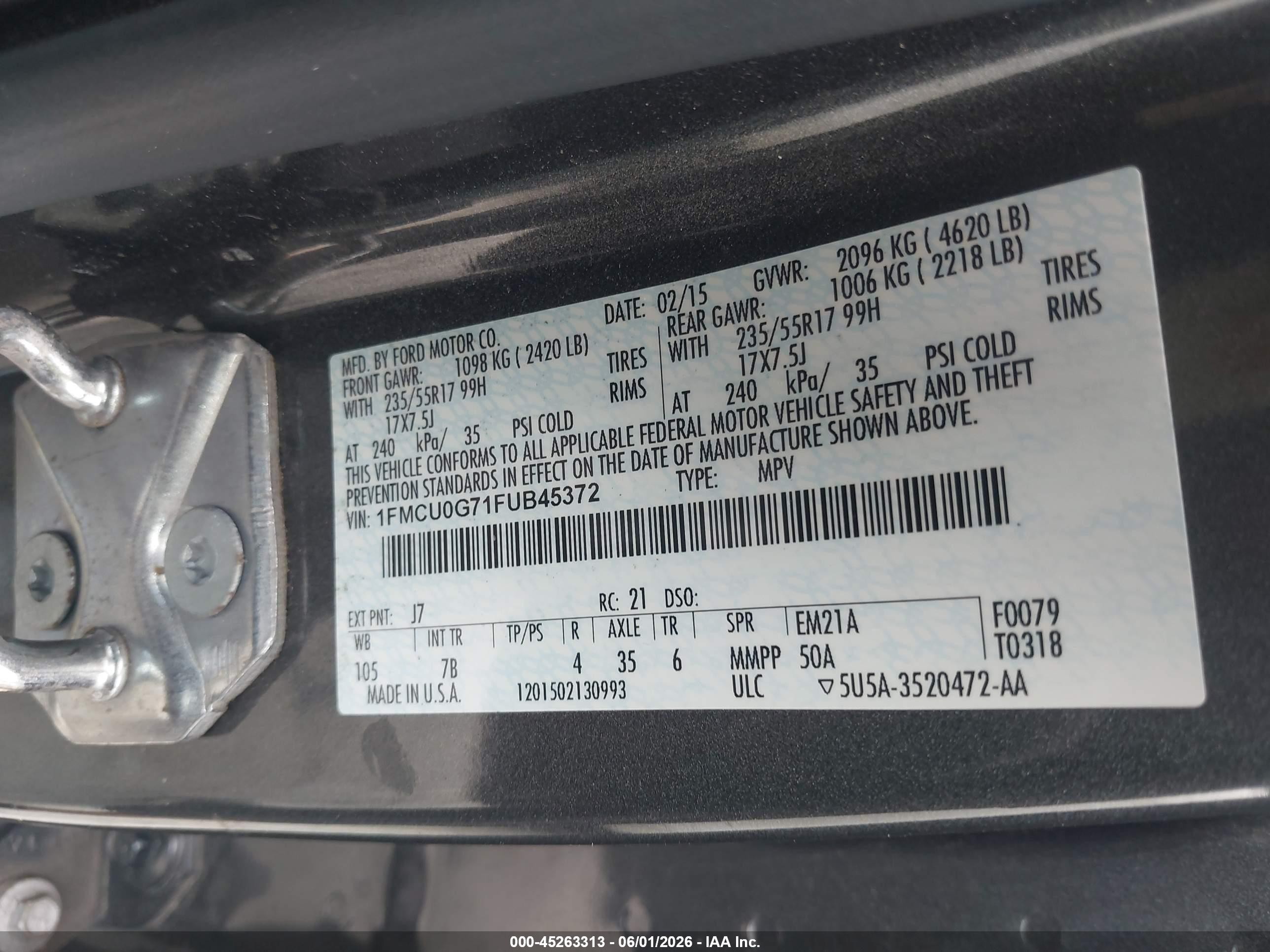 2015 Ford Escape Se Gray vin: 1FMCU0G71FUB45372