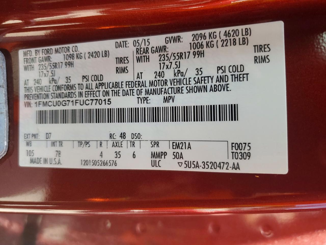 2015 Ford Escape Se Red vin: 1FMCU0G71FUC77015