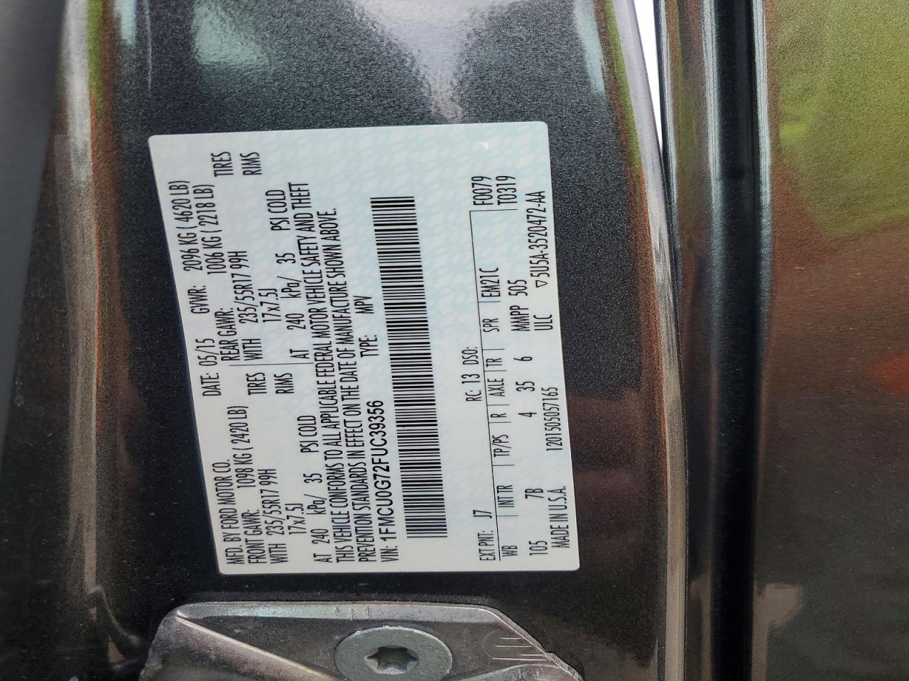2015 Ford Escape Se Gray vin: 1FMCU0G72FUC39356